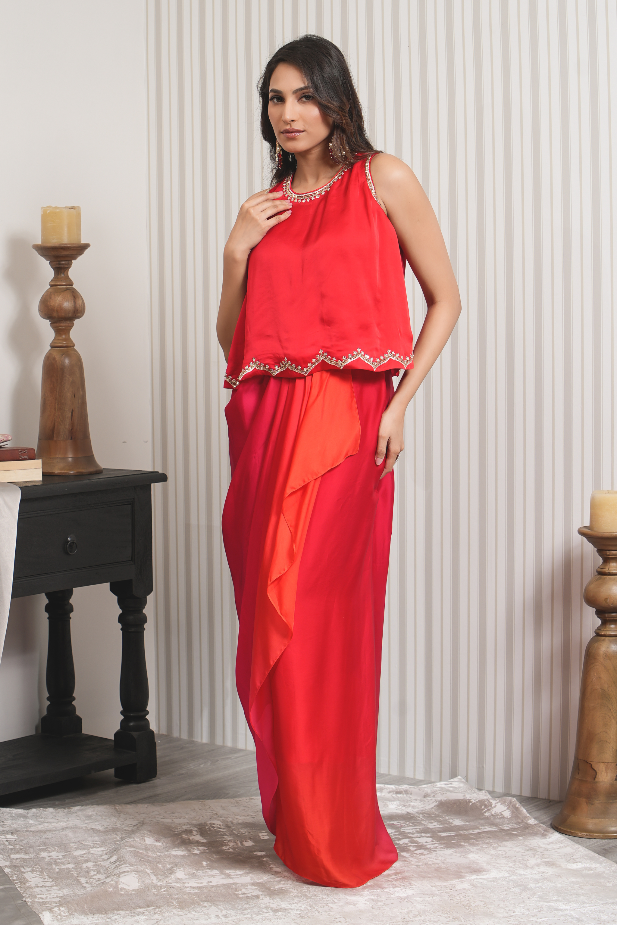 Organza Satin Drape Skirt Co-ord Set - Pink