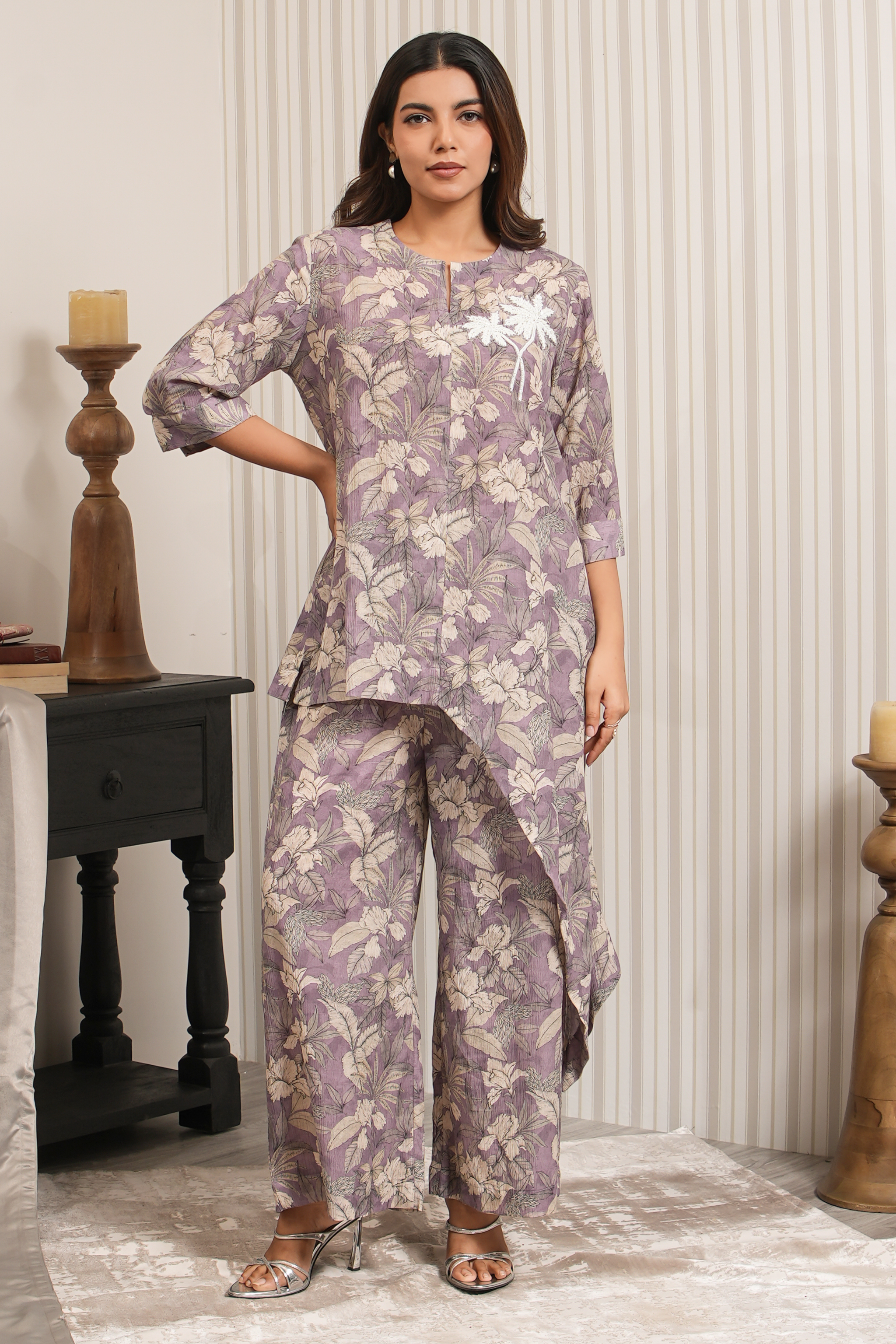 Printed Floral Chiffon Co-ord Set - Purple