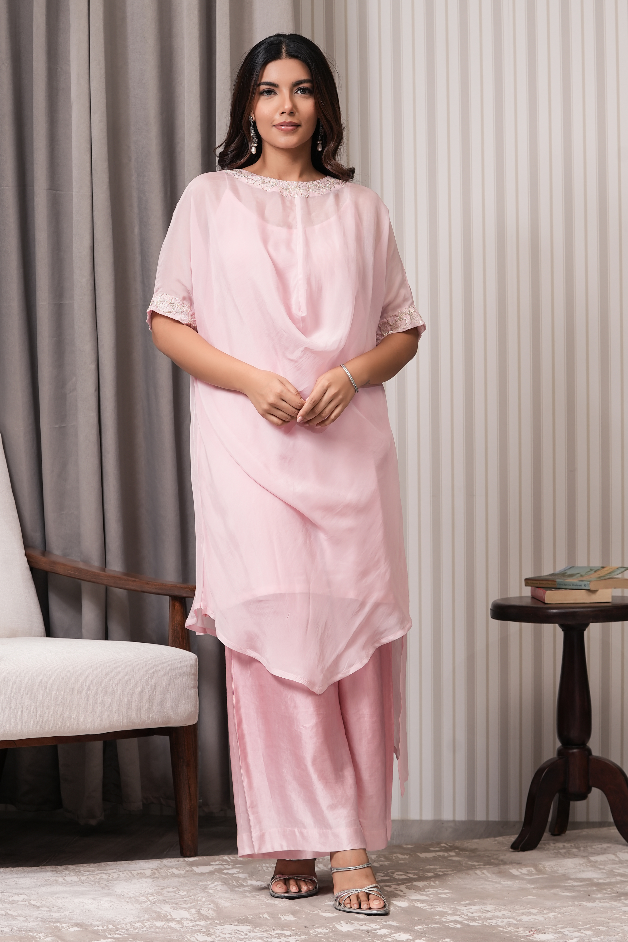 Embroidered Viscose Organza Kurta - Pink