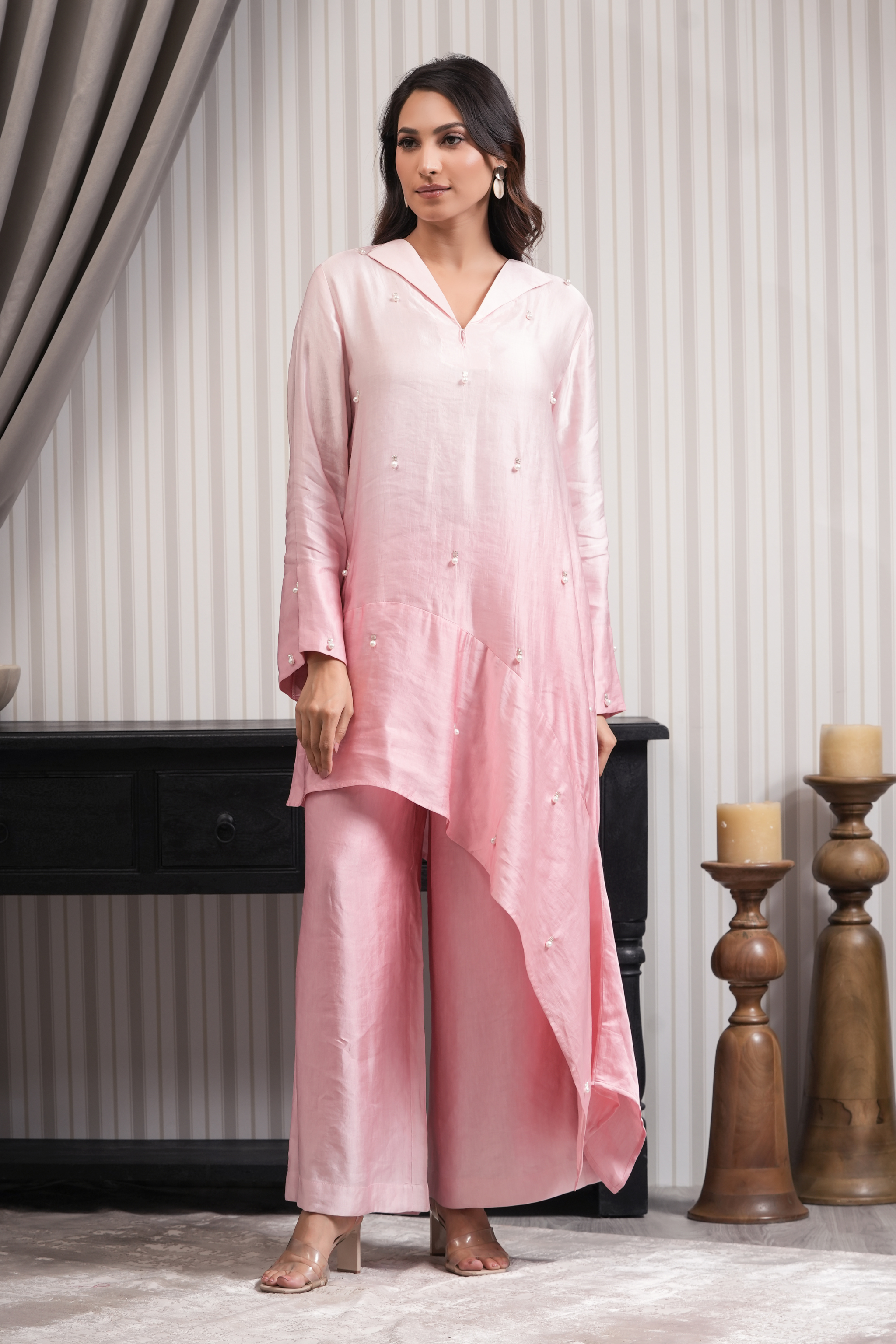 Embroidered Linen Satin Shirt Top - Pink