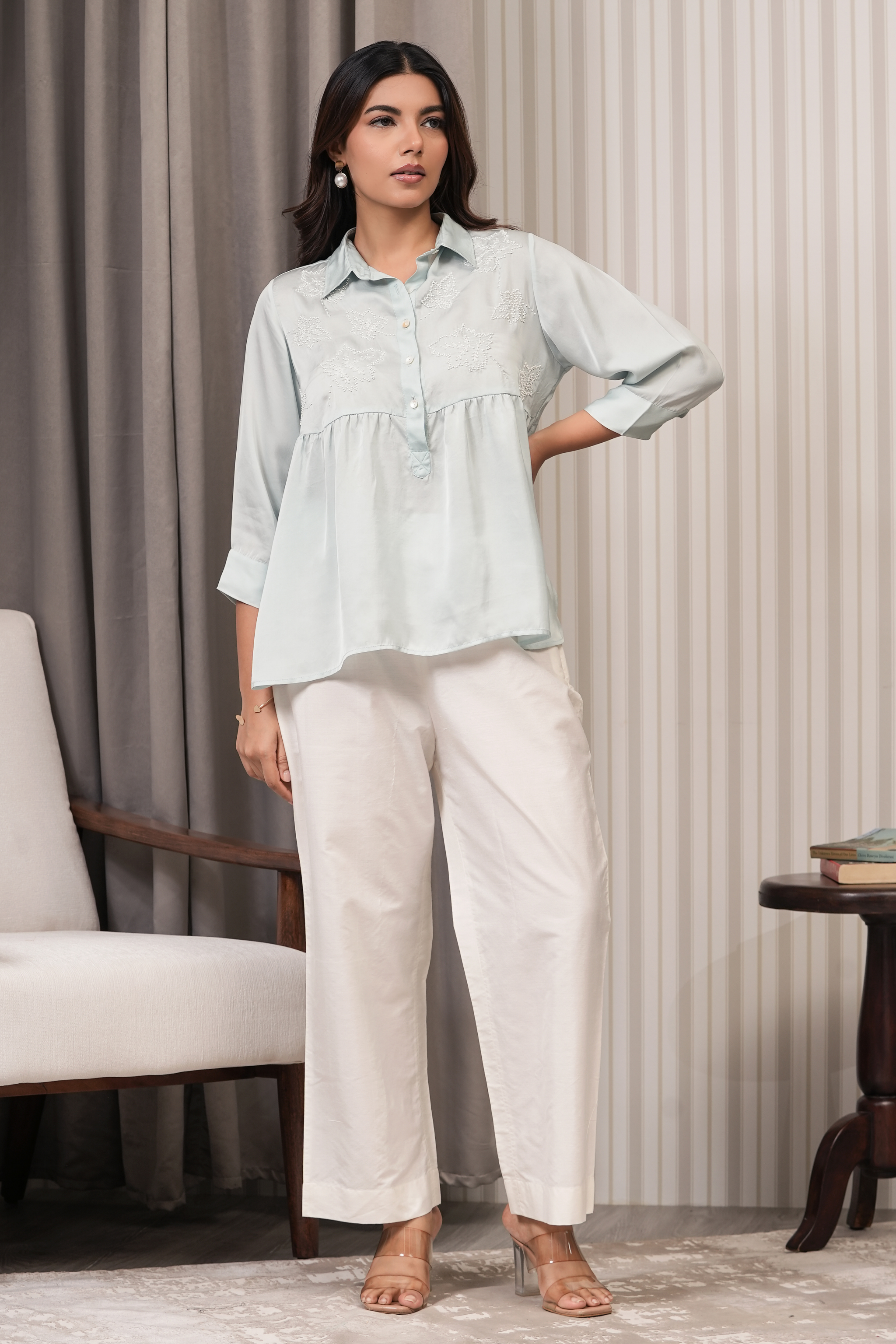 Embroidered Royal Satin Shirt - Mint