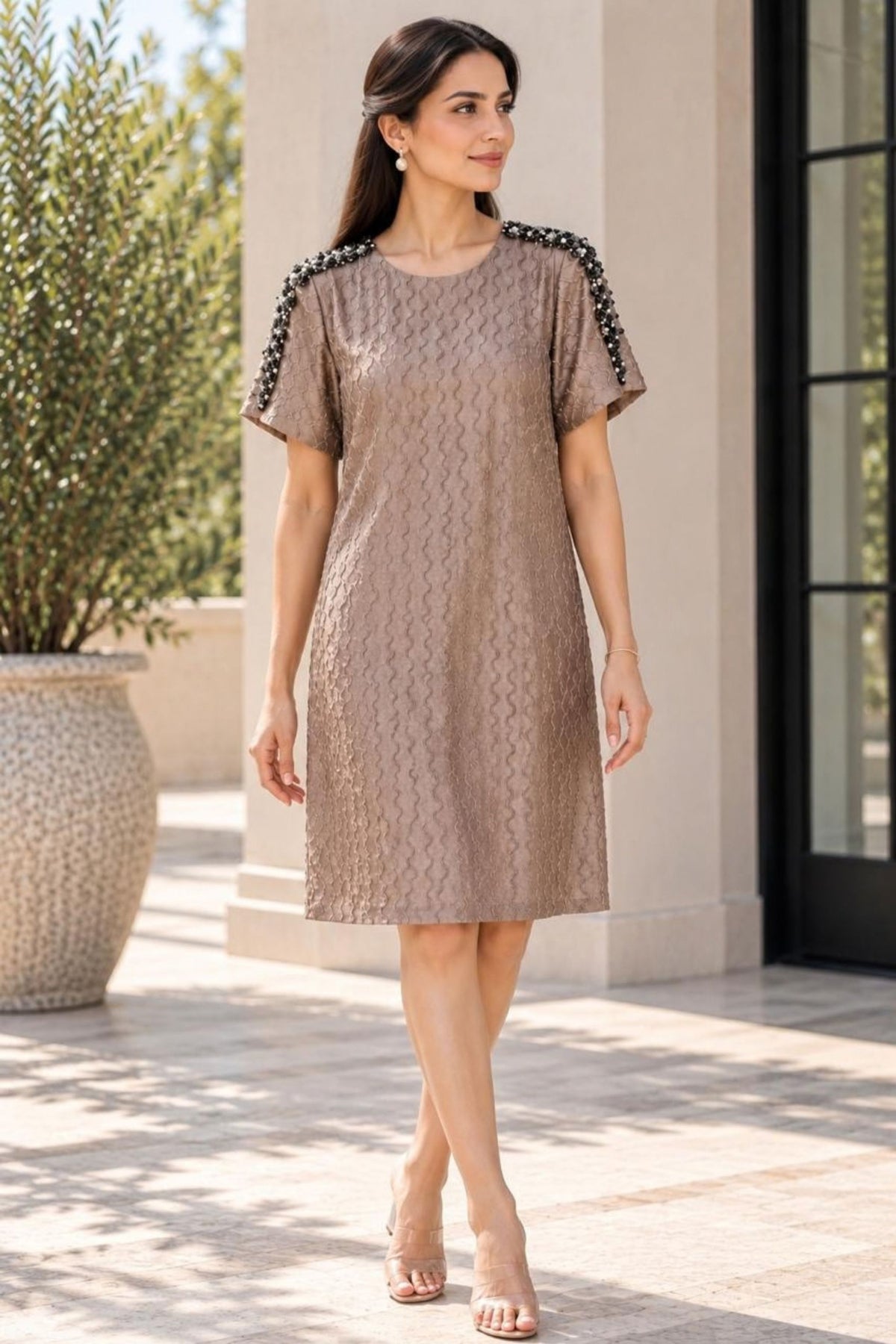 The Amara Textured Metallic Shift Dress
