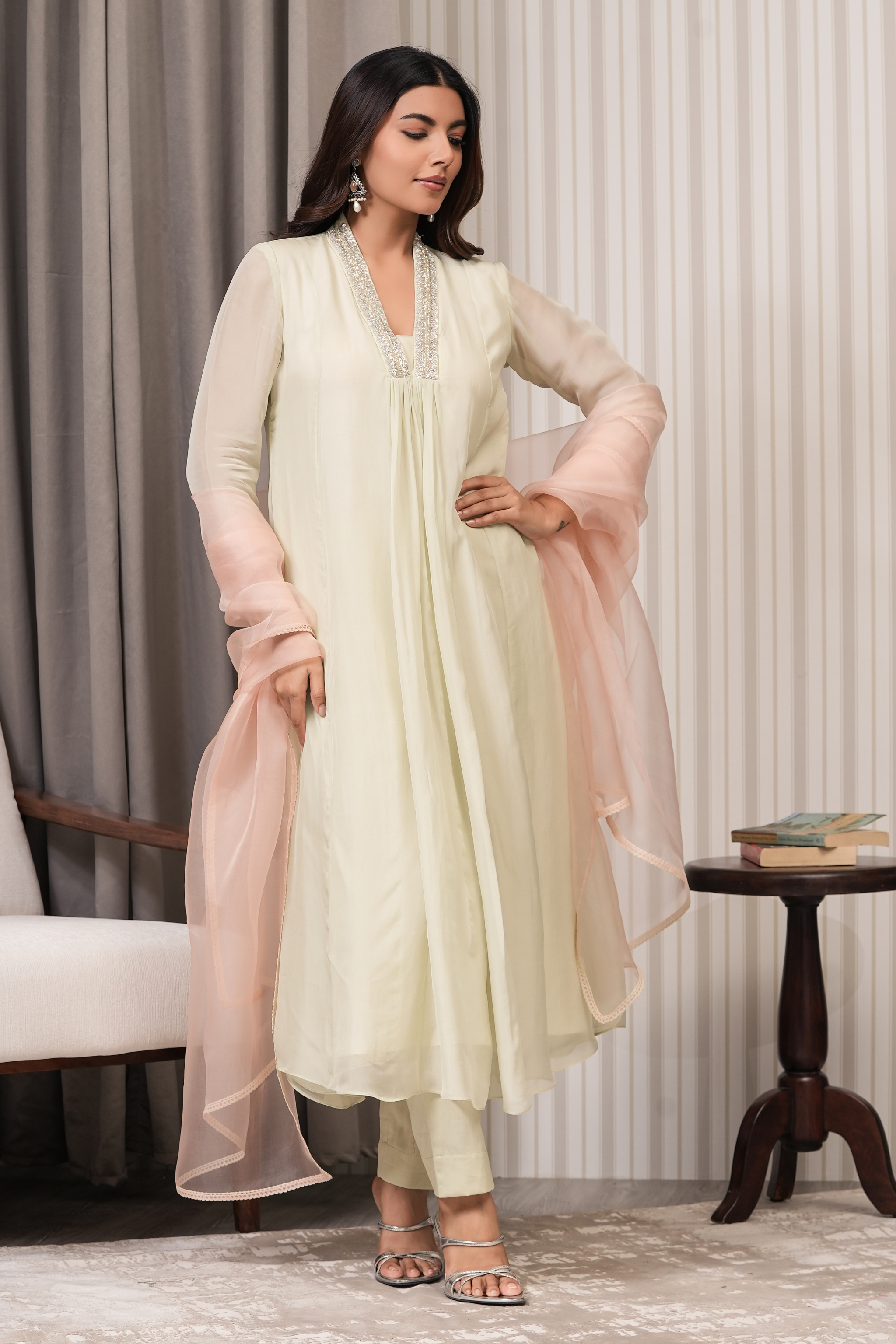 Embroidered A-line Suit Set - Sea Green