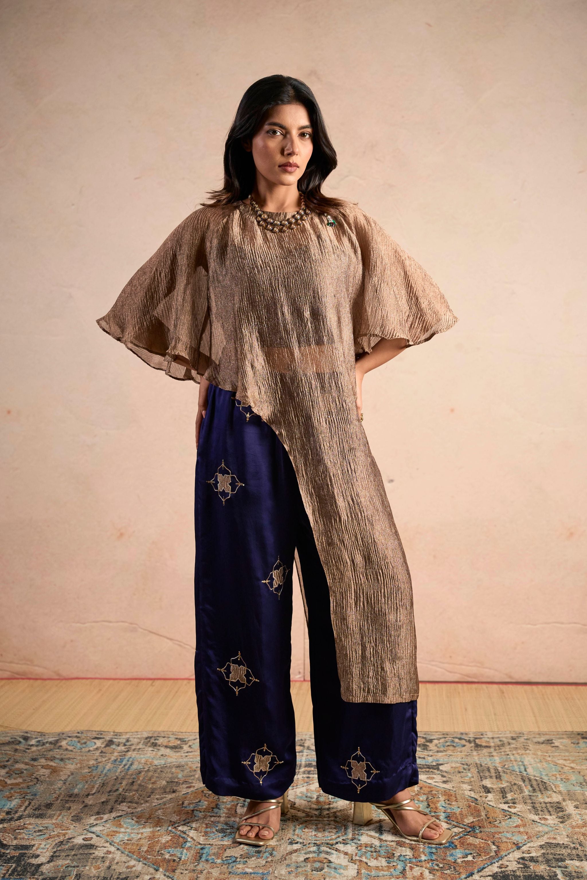 Metallic Top & Embellished Navy Pants