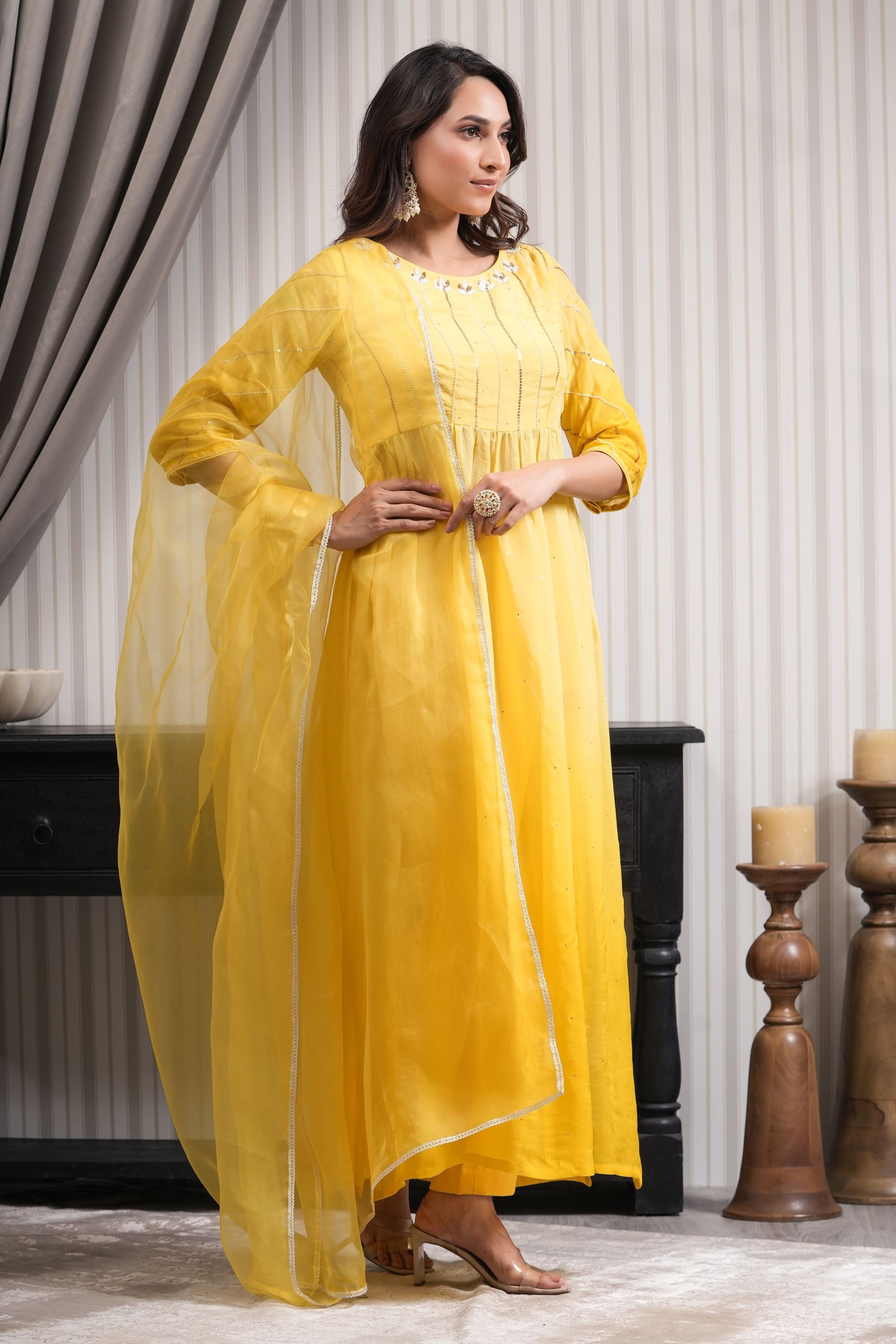 Handcrafted High Slit Suit Set - Yellow