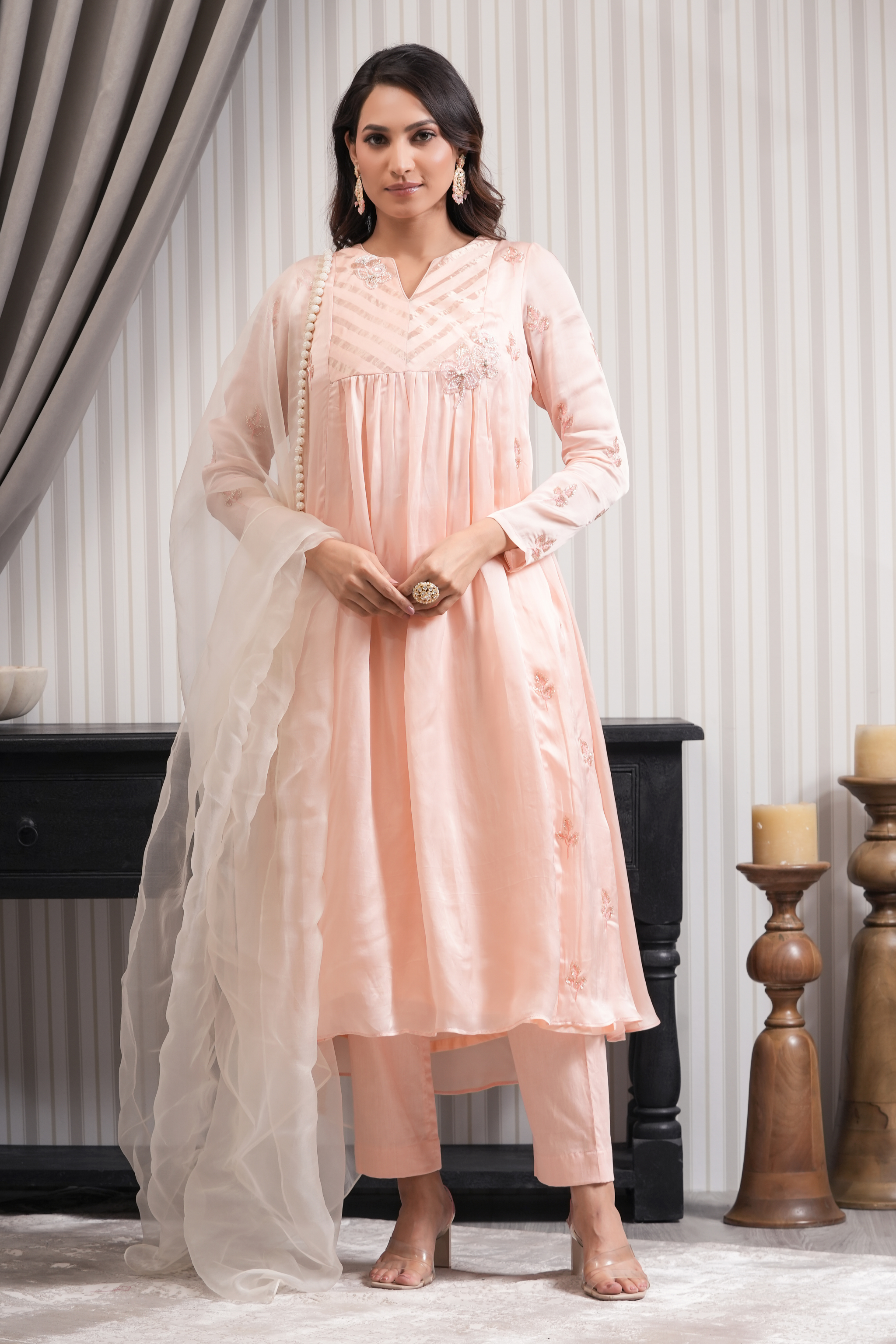 Embroidered Anarkali Suit Set - Peach