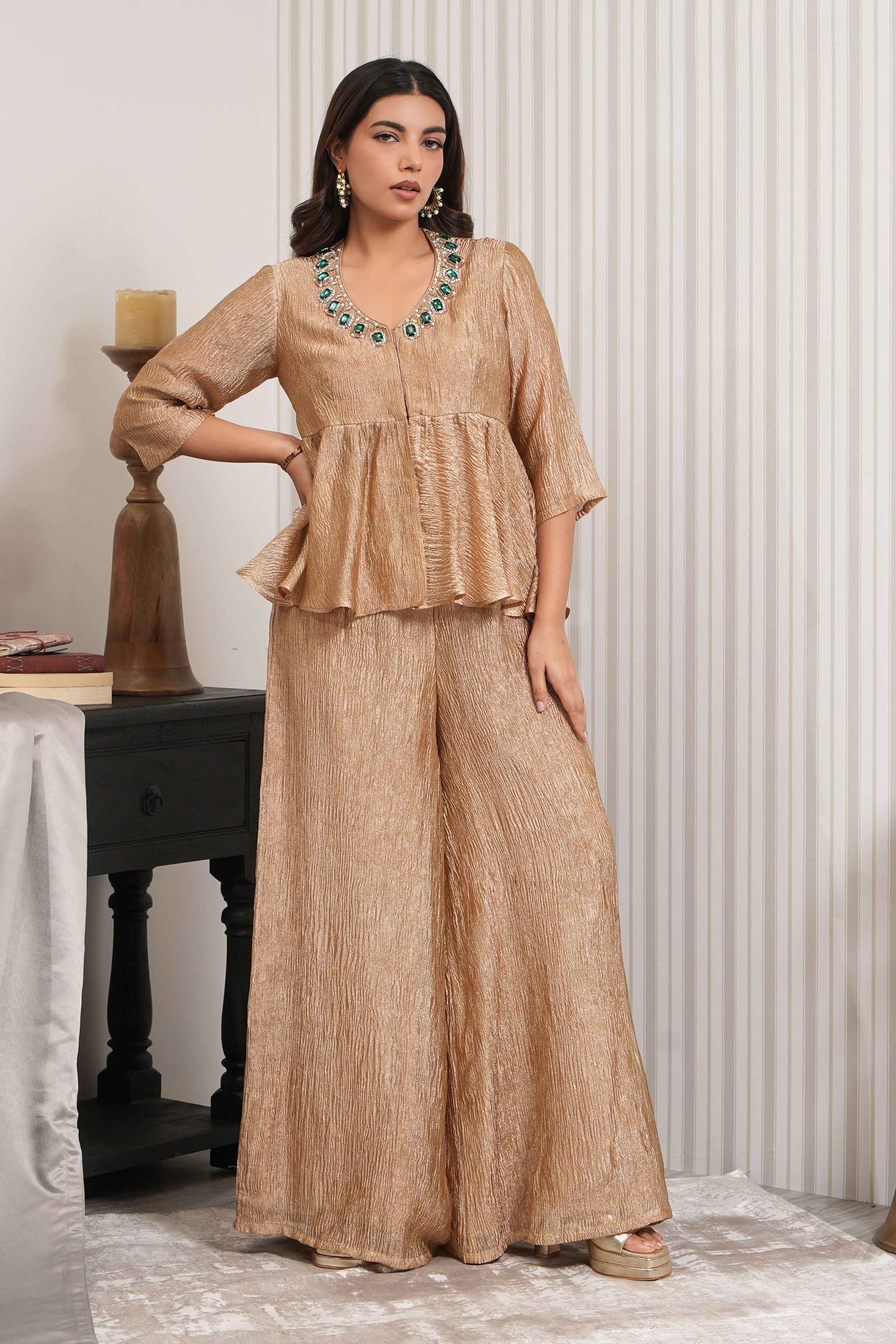 Stone Embroidered Crushed Tissue Short Kurti Sharara Set - Copper