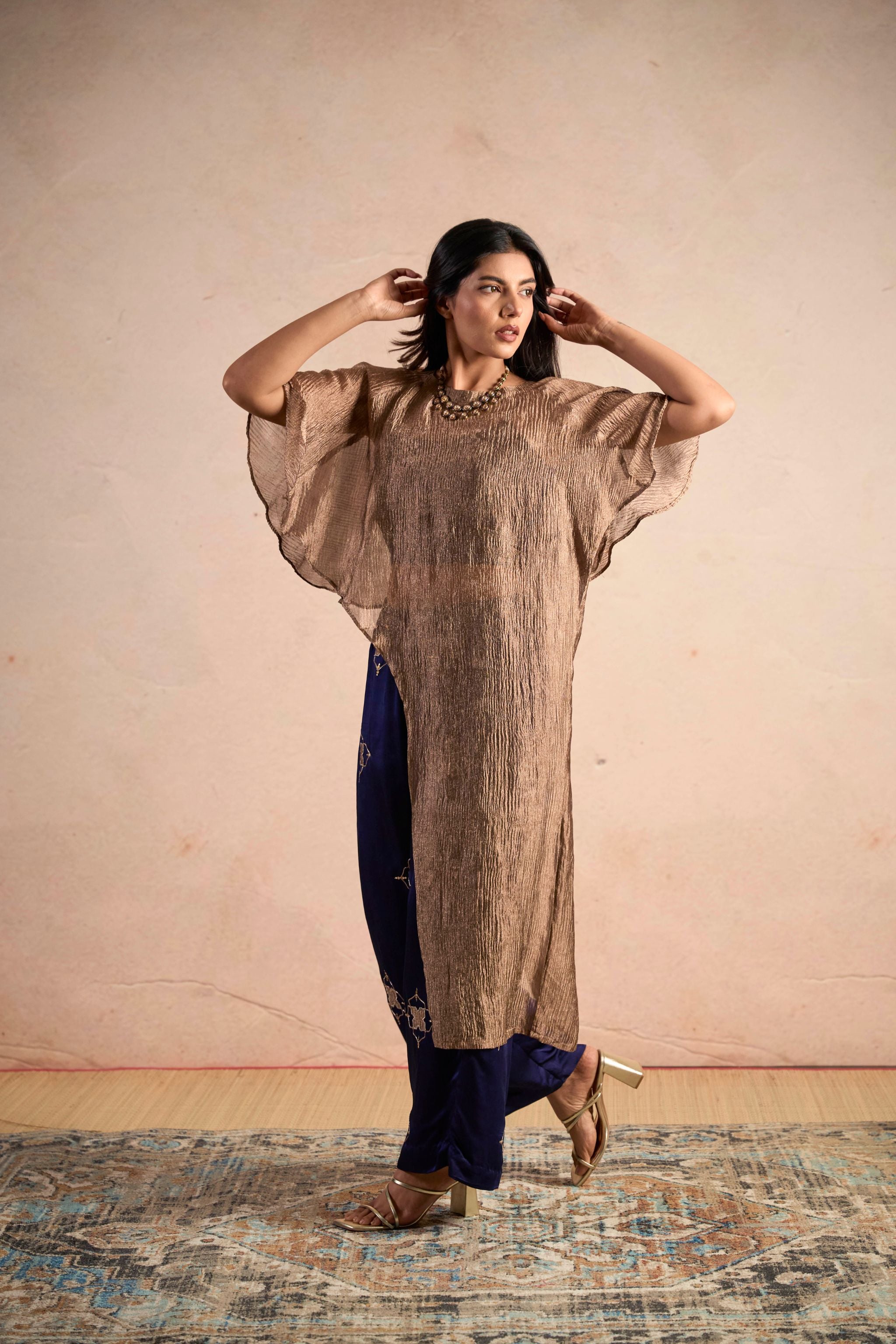 Metallic Top & Embellished Navy Pants