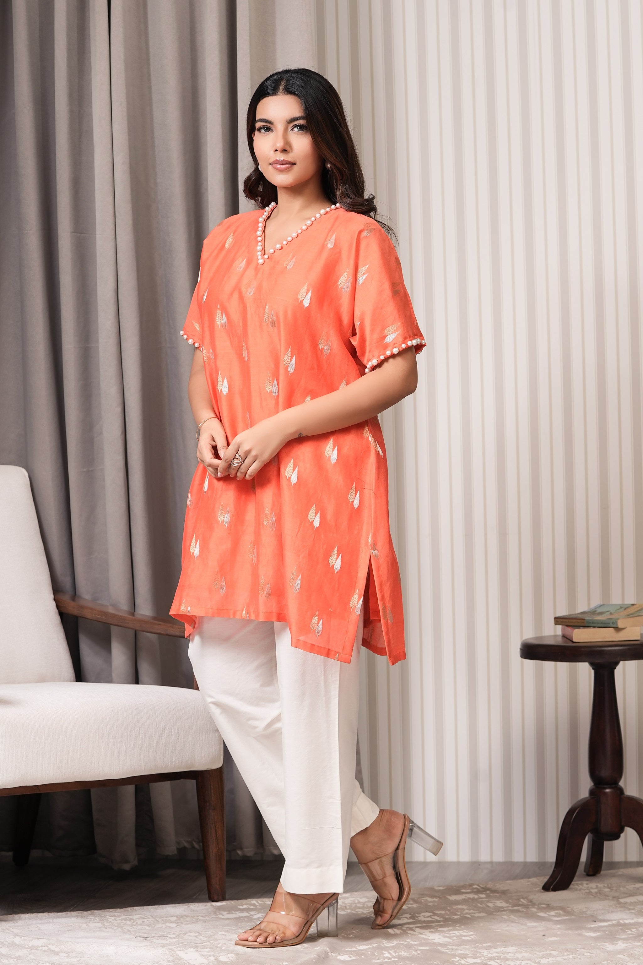 Pearl Embroidered Pure Chanderi Kurta Set - Orange