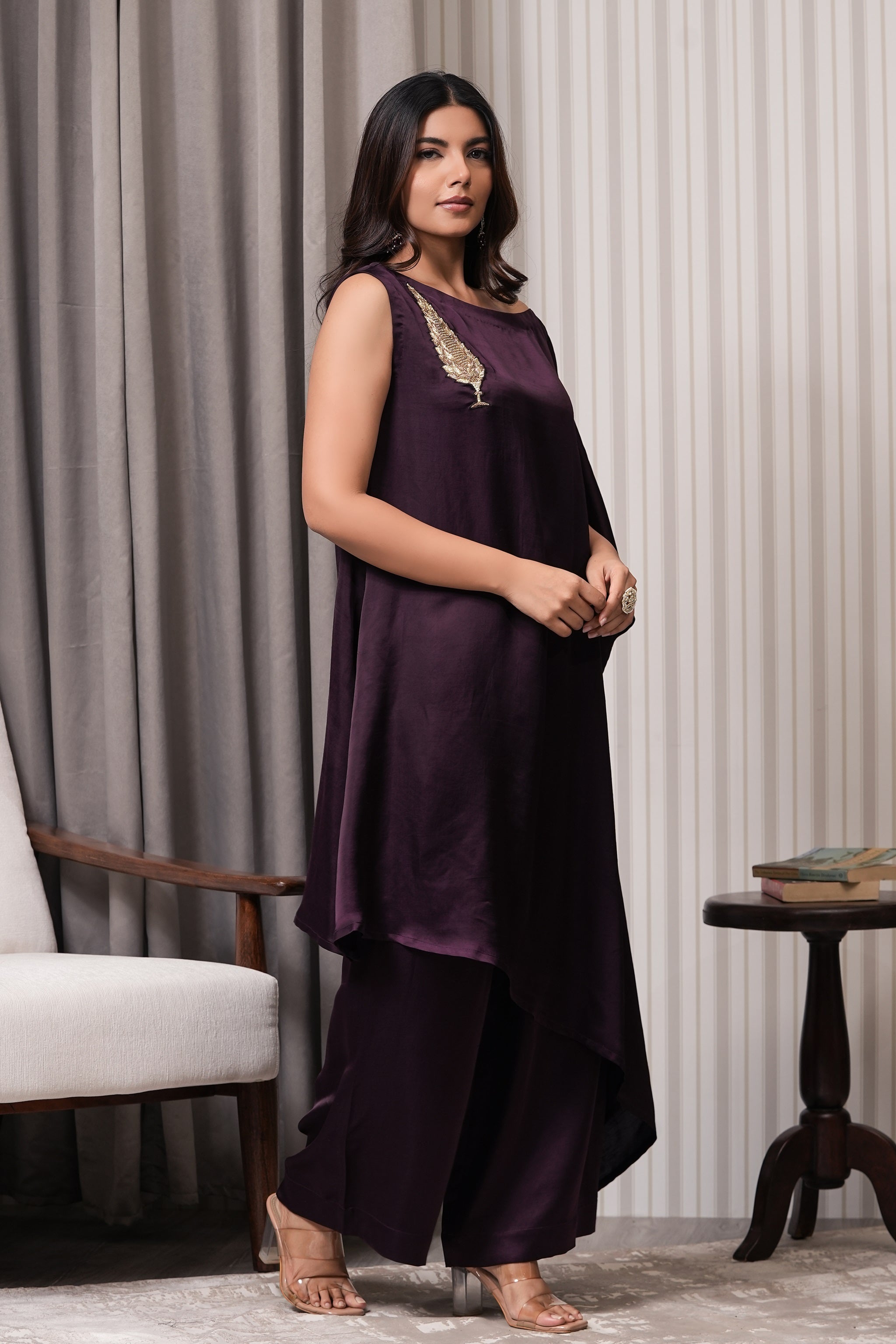 One Shoulder Asymmetric Kurta Set - Purple