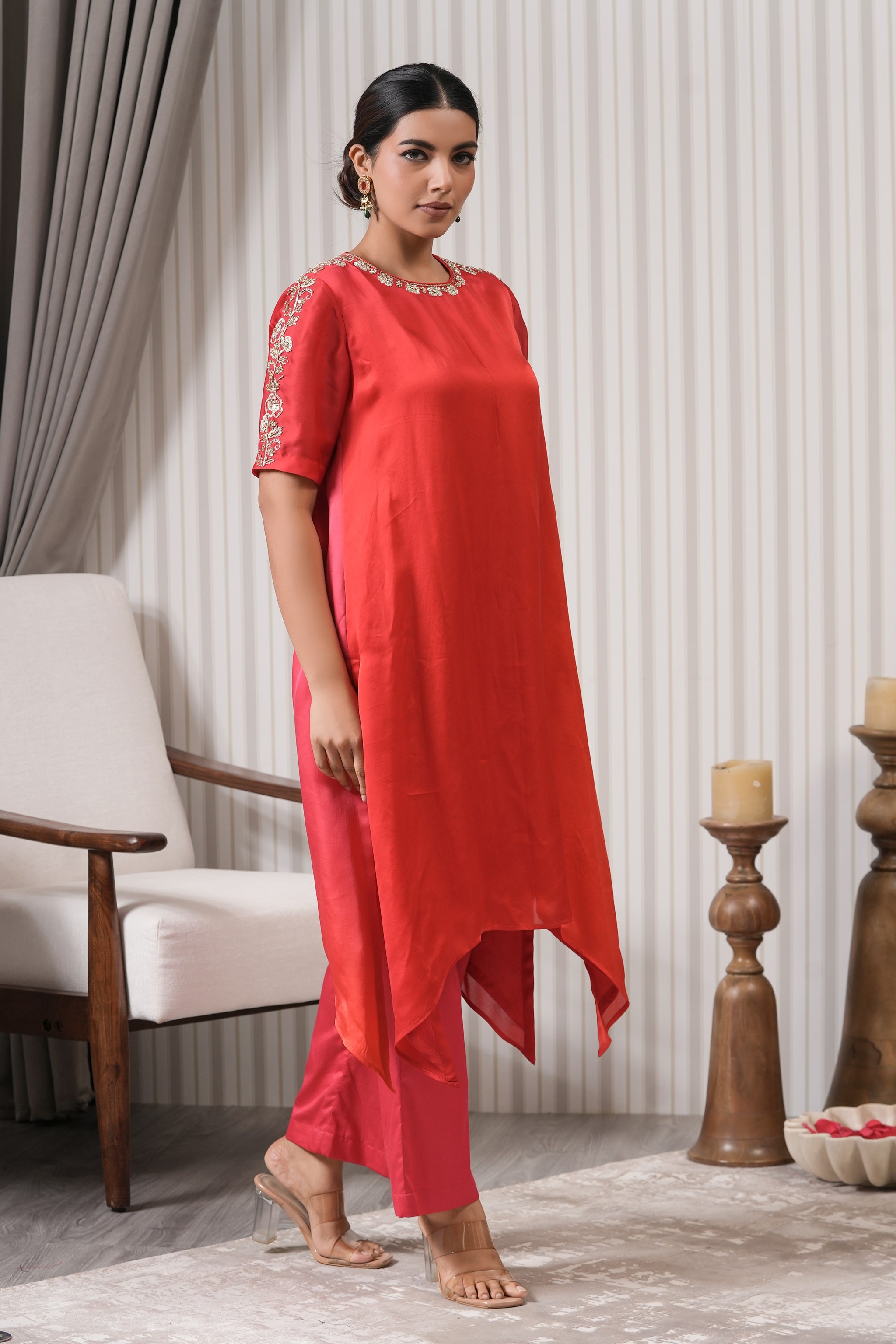 Embroidered Asymmetric Kurta Set - Pink