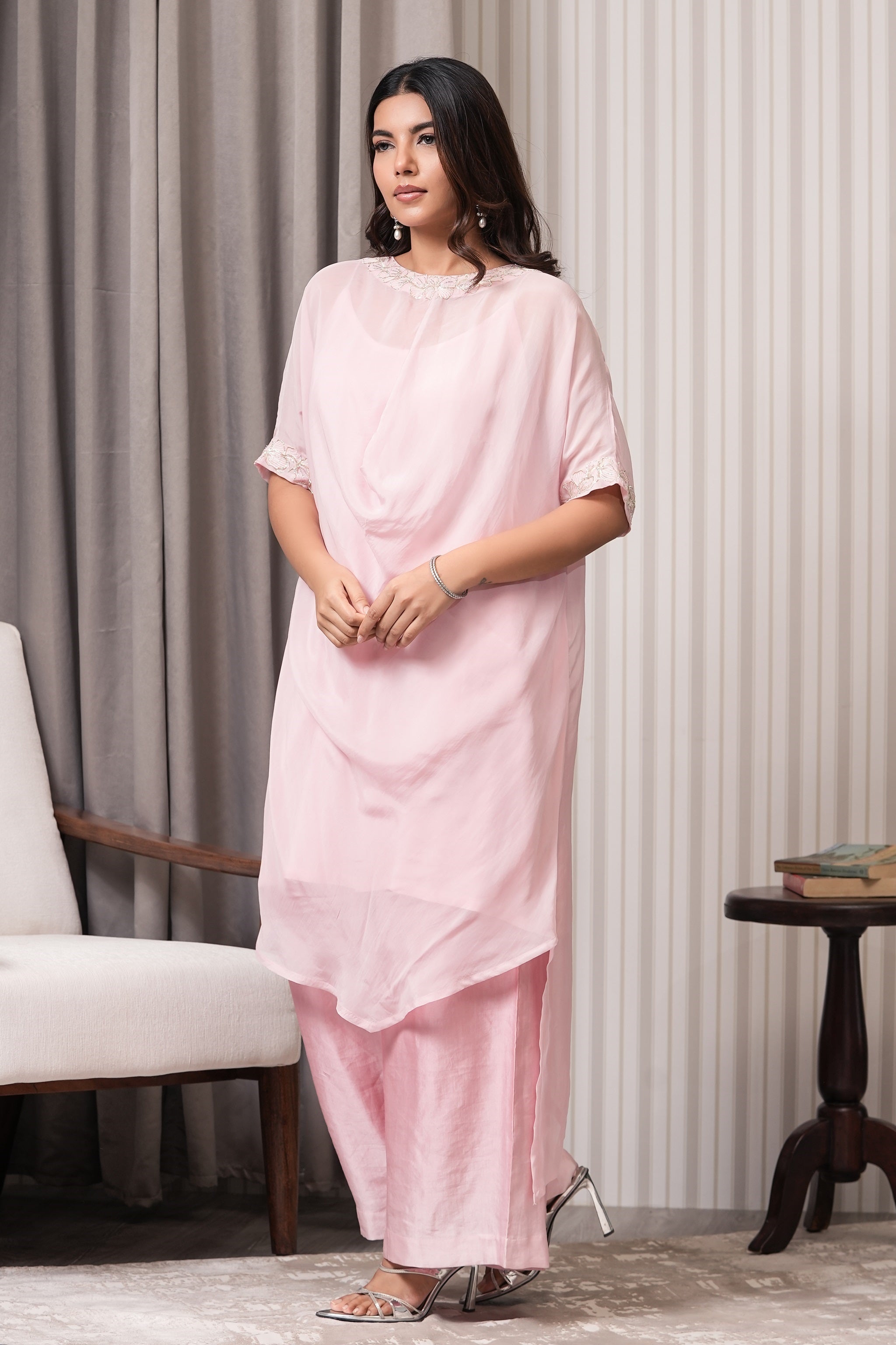 Embroidered Viscose Organza Kurta - Pink