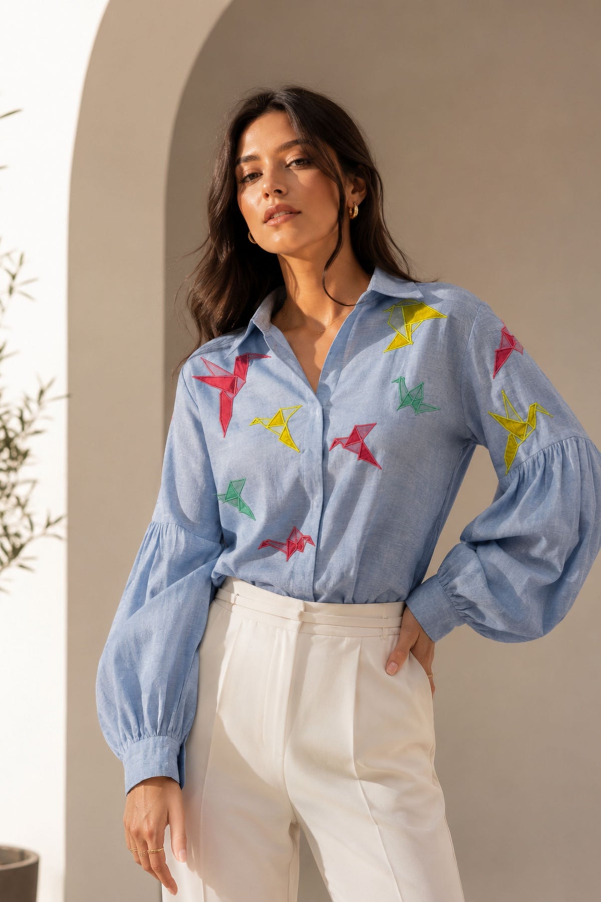 Origami Bloom Balloon-Sleeve Shirt