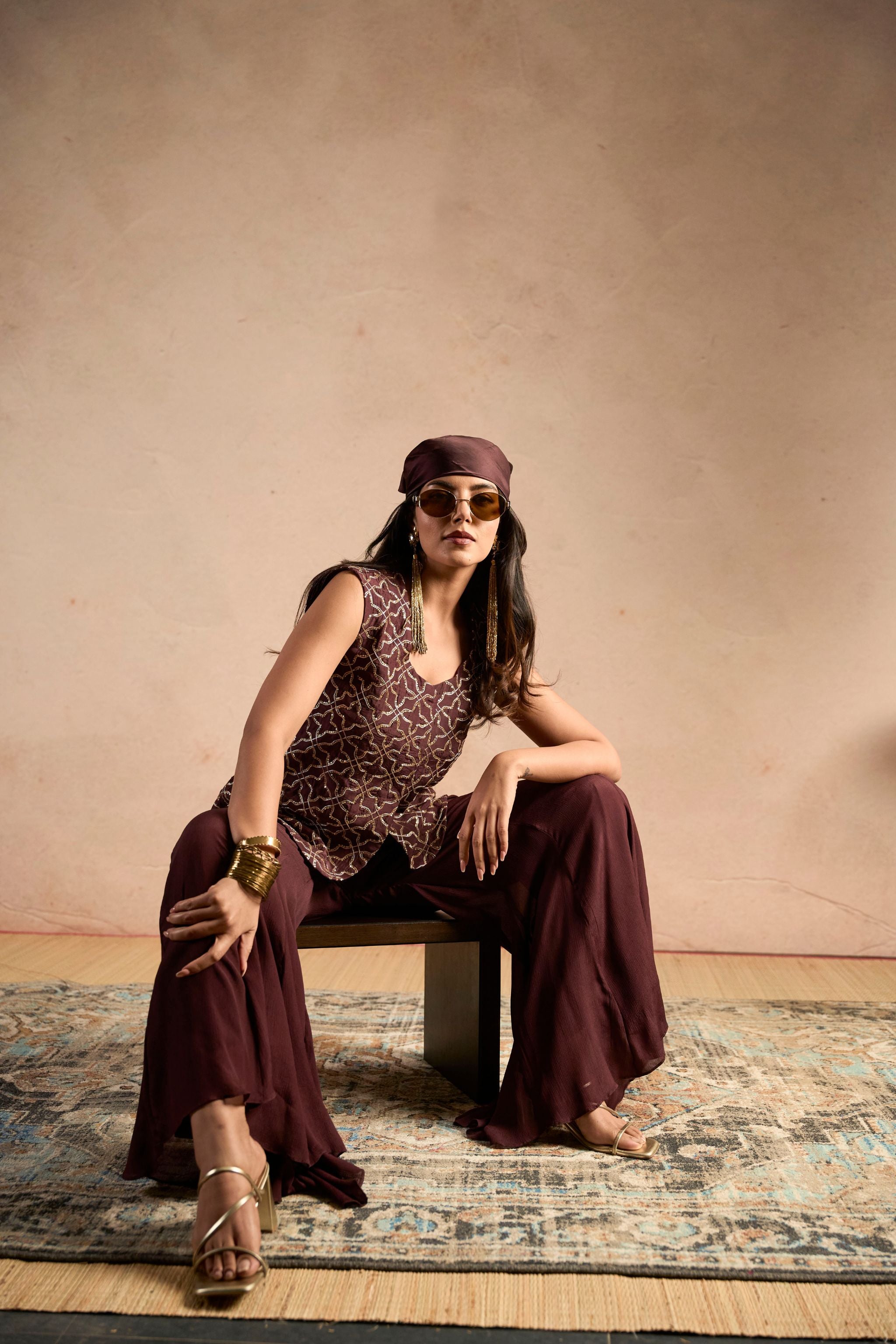 Embellished Waist coat with Flared Brown Pants