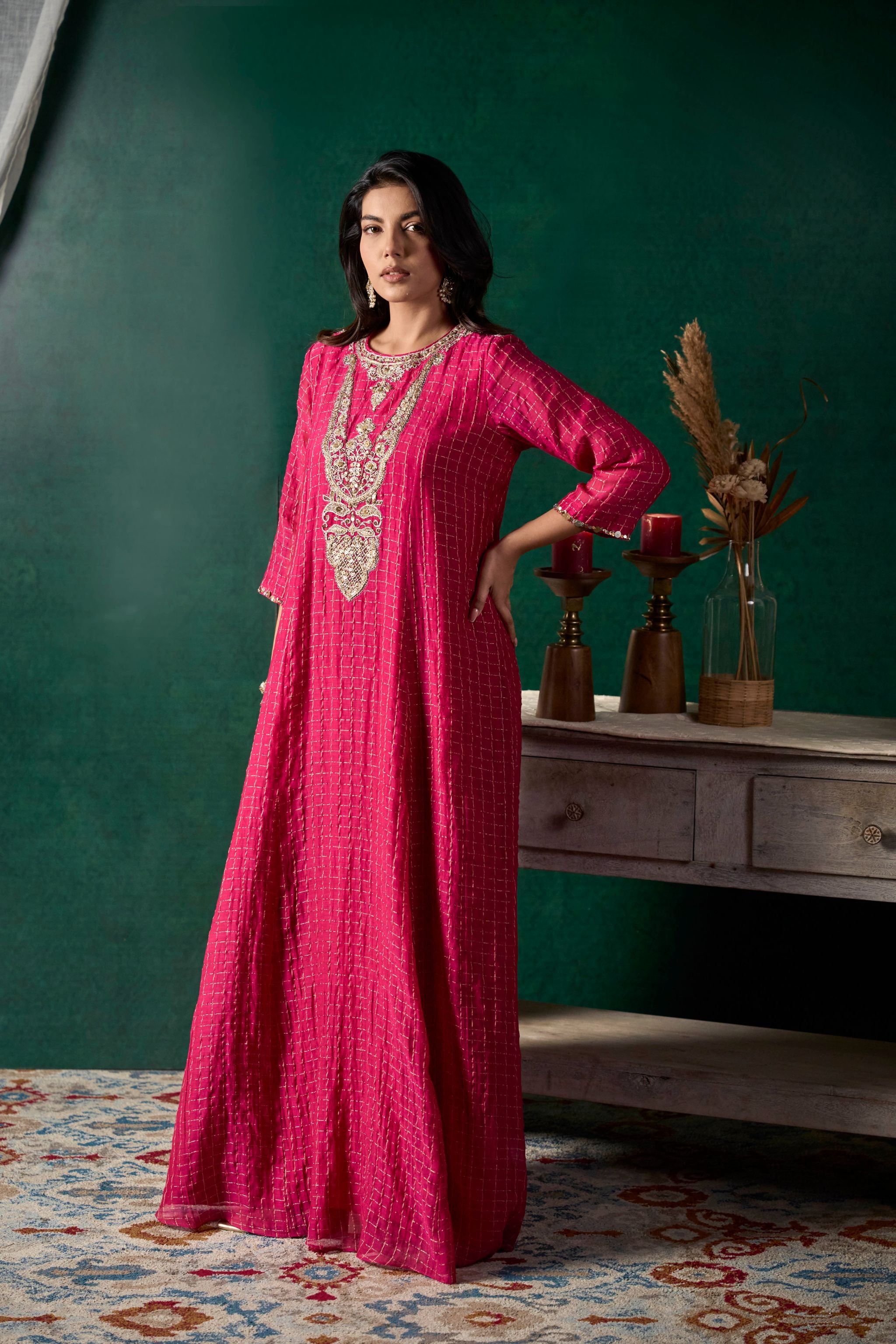 Embroidered Checkered Print Dress