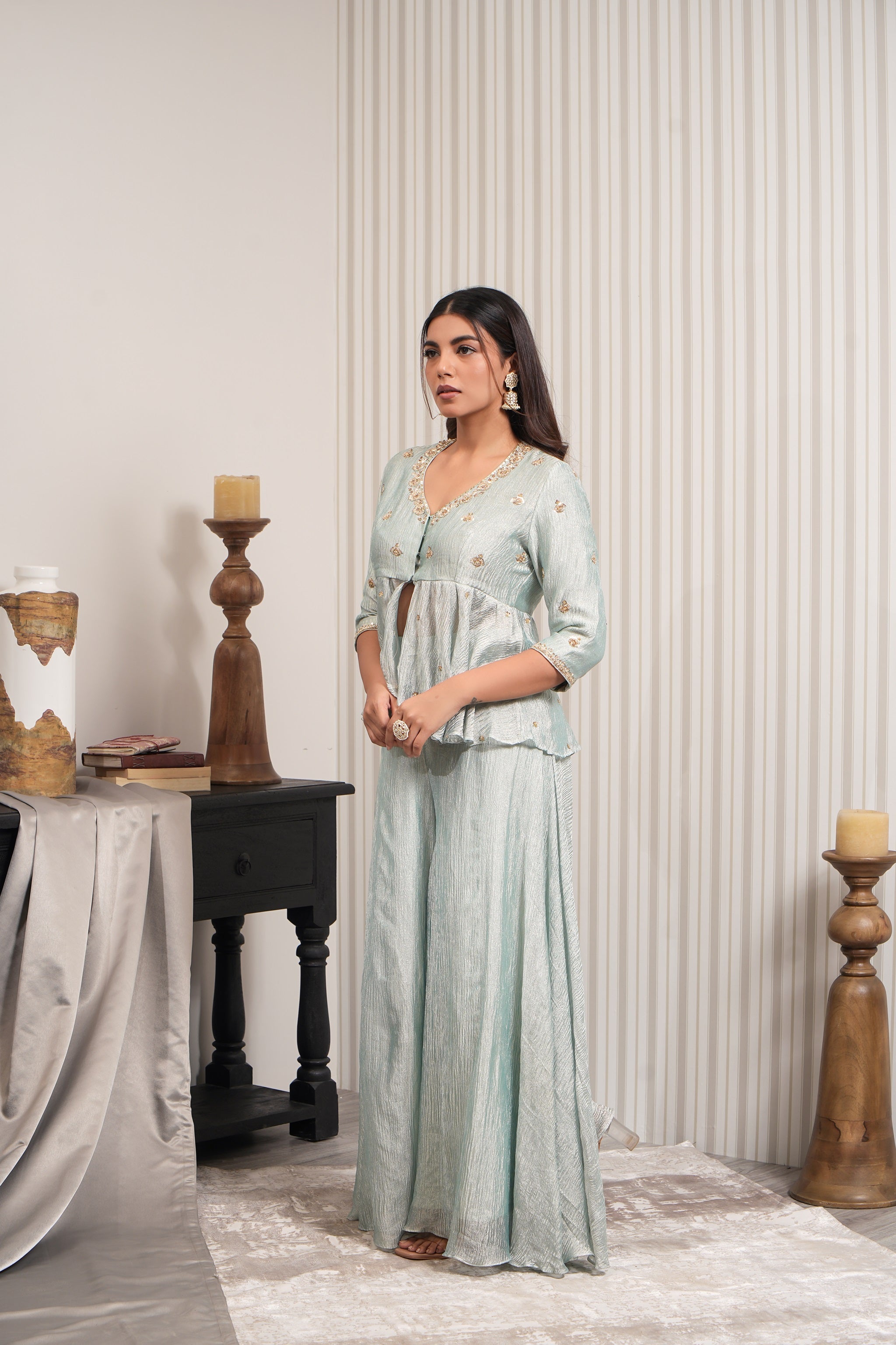 Handcrafted Pure Crushed Tissue Short Kurta Sharara Set - Mint