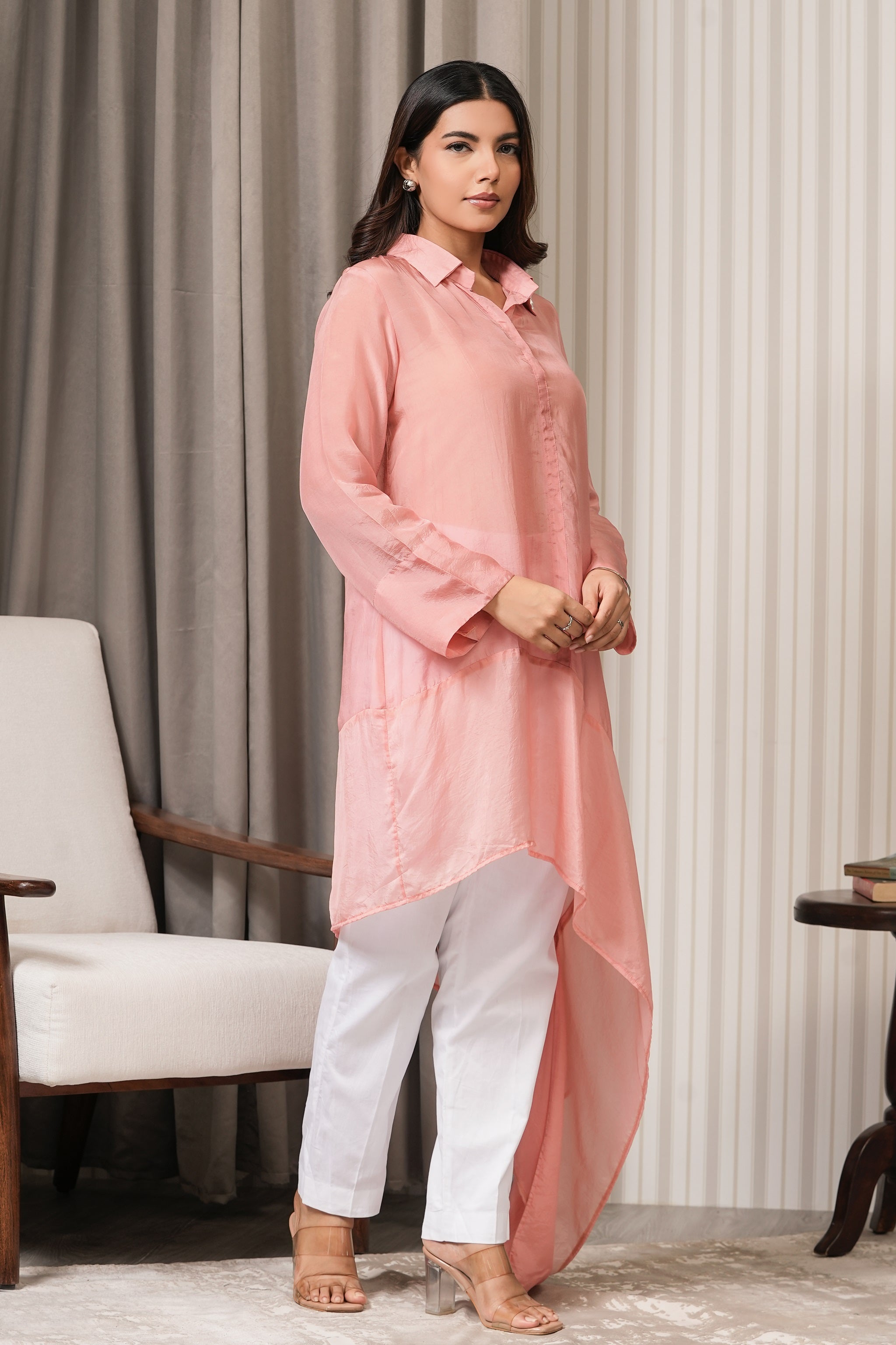 Embroidered Fine Habutai Silk Shirt Top - Onion Pink