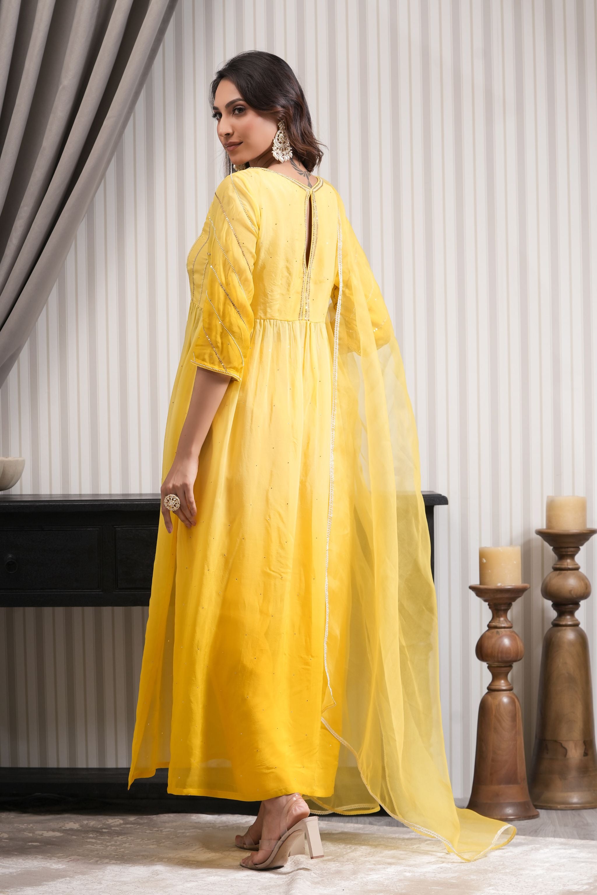 Handcrafted High Slit Suit Set - Yellow