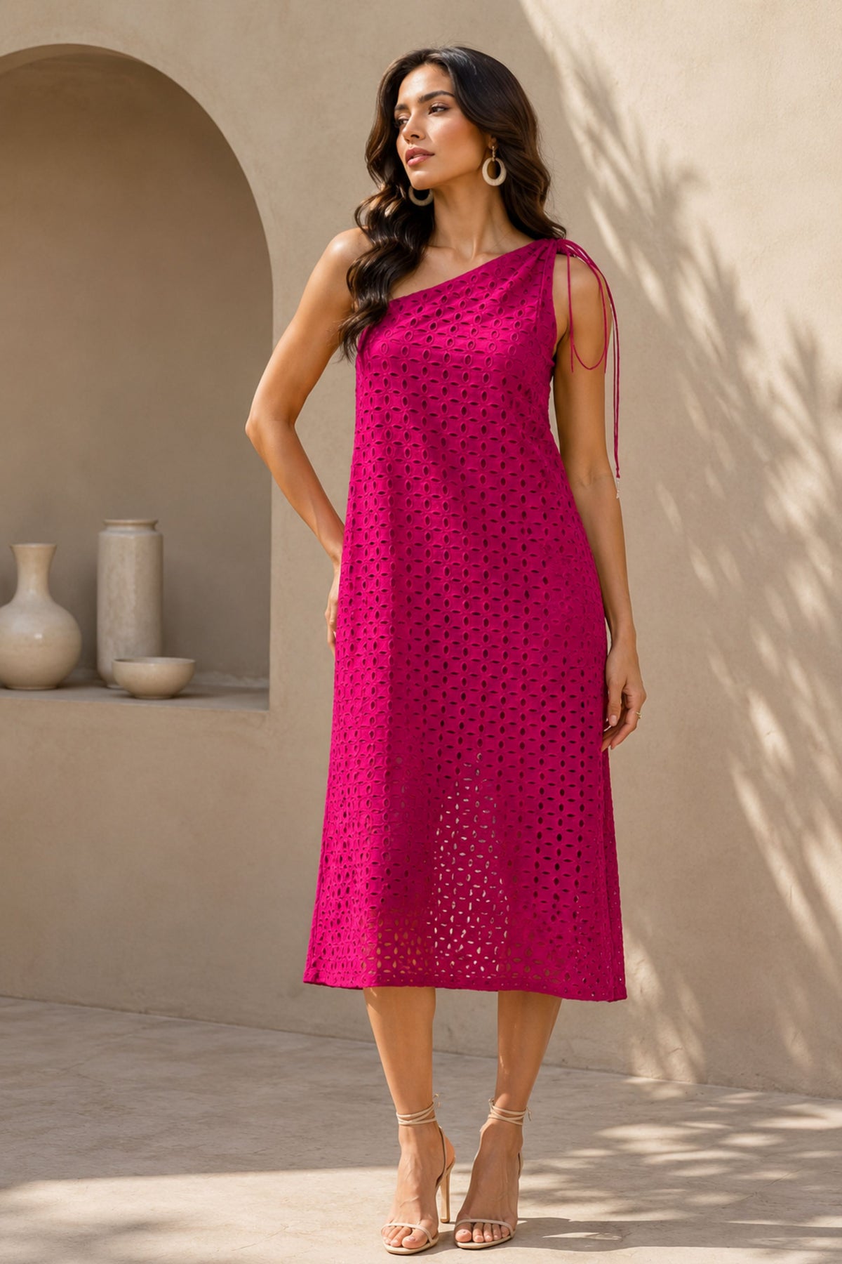Fuchsia Asymmetric Lace Midi