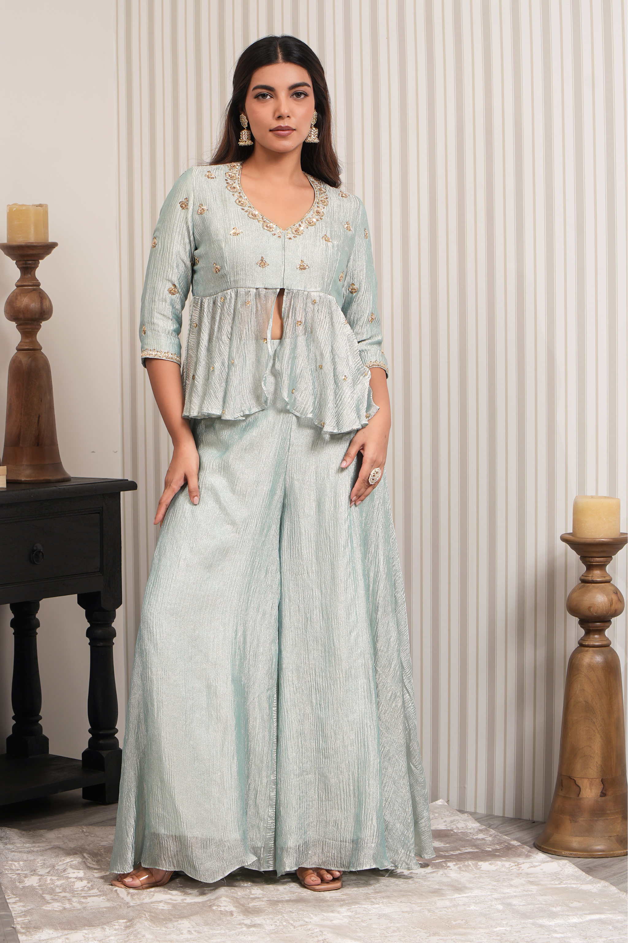 Handcrafted Pure Crushed Tissue Short Kurta Sharara Set - Mint