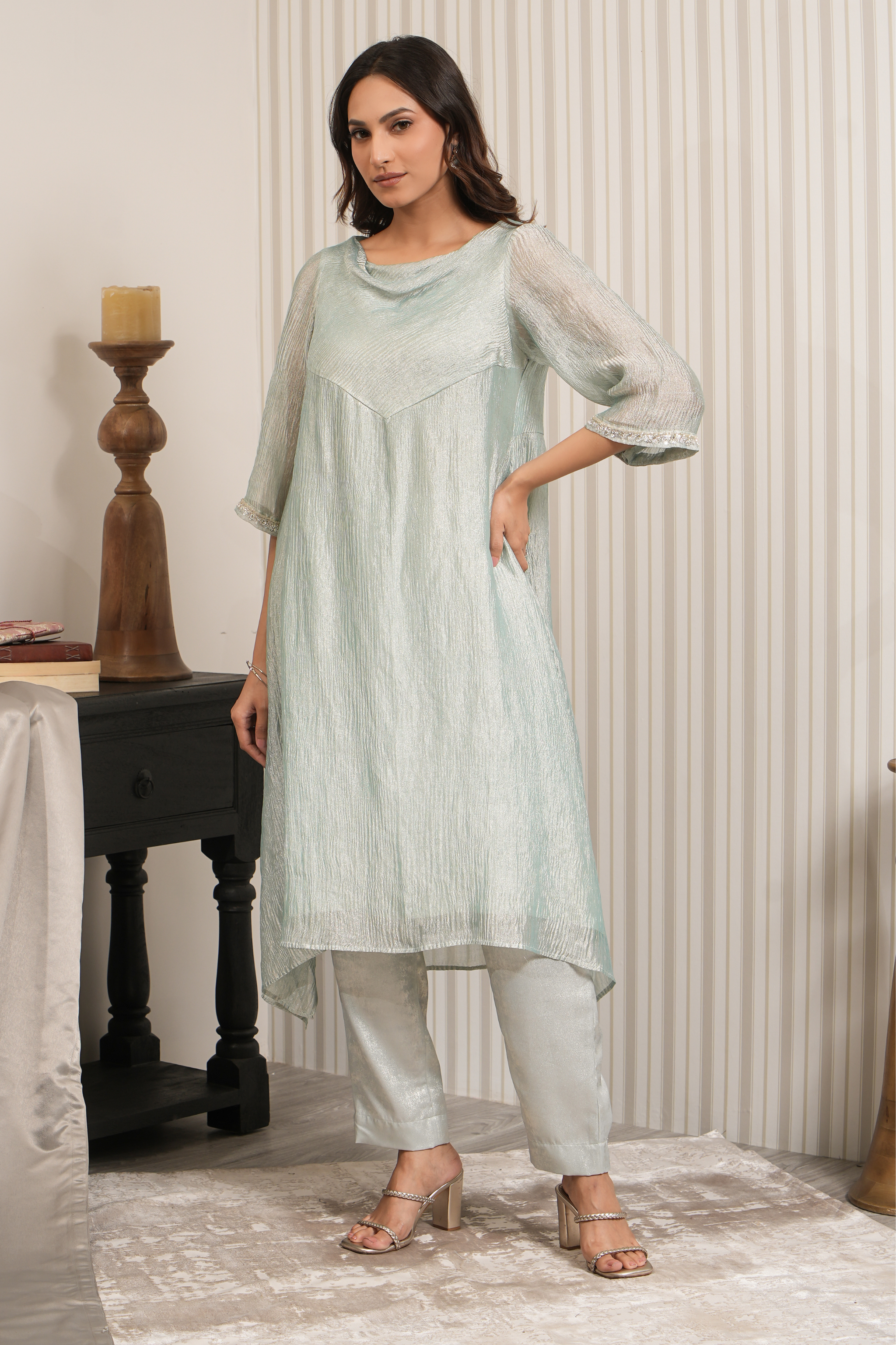 Crushed Tissue Cowl Neck A-line Kurta Set - Mint