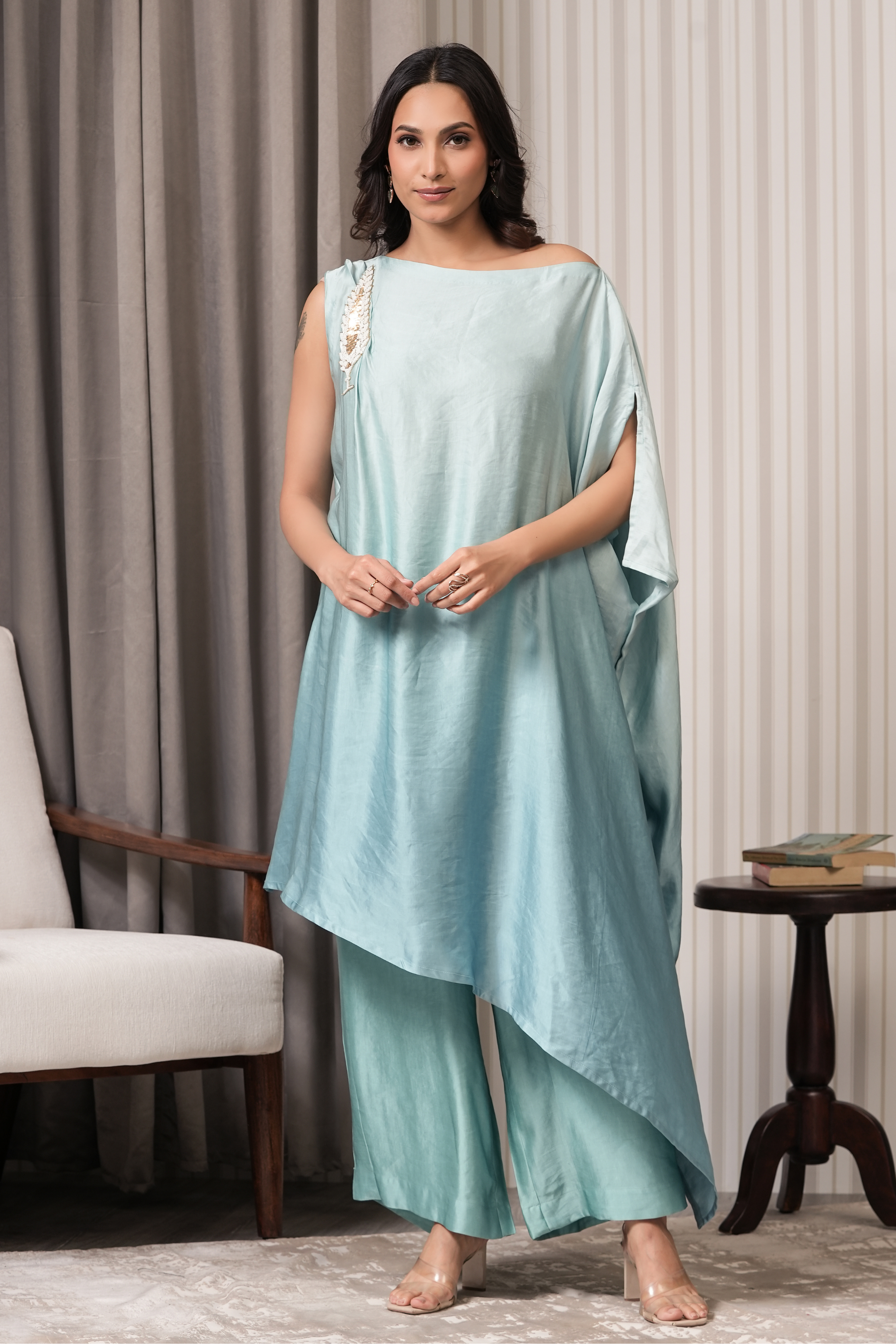 One Shoulder Asymmetric Kurta Set - Aqua