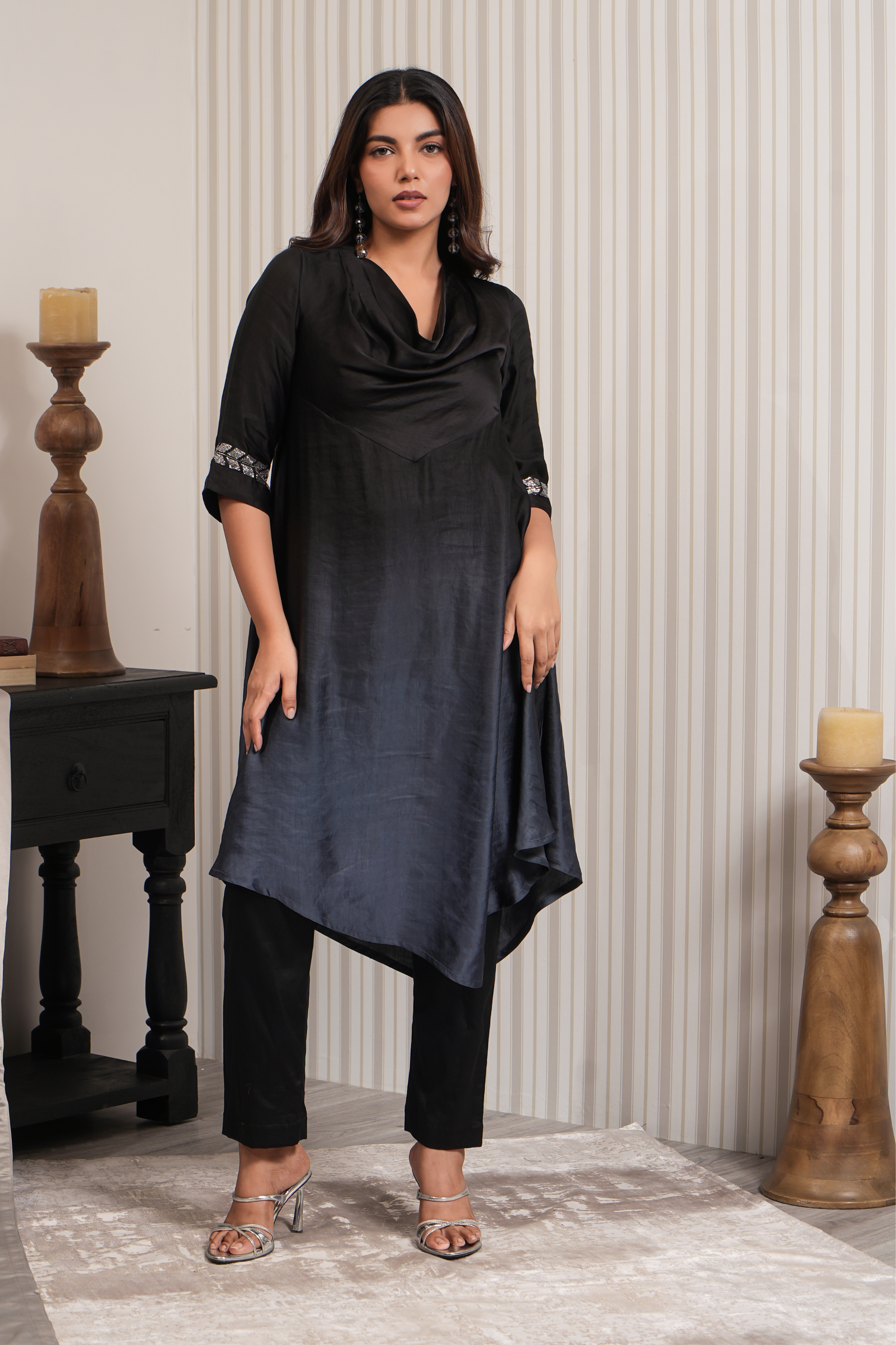 Cowl Neck A-line Kurta Set - Black