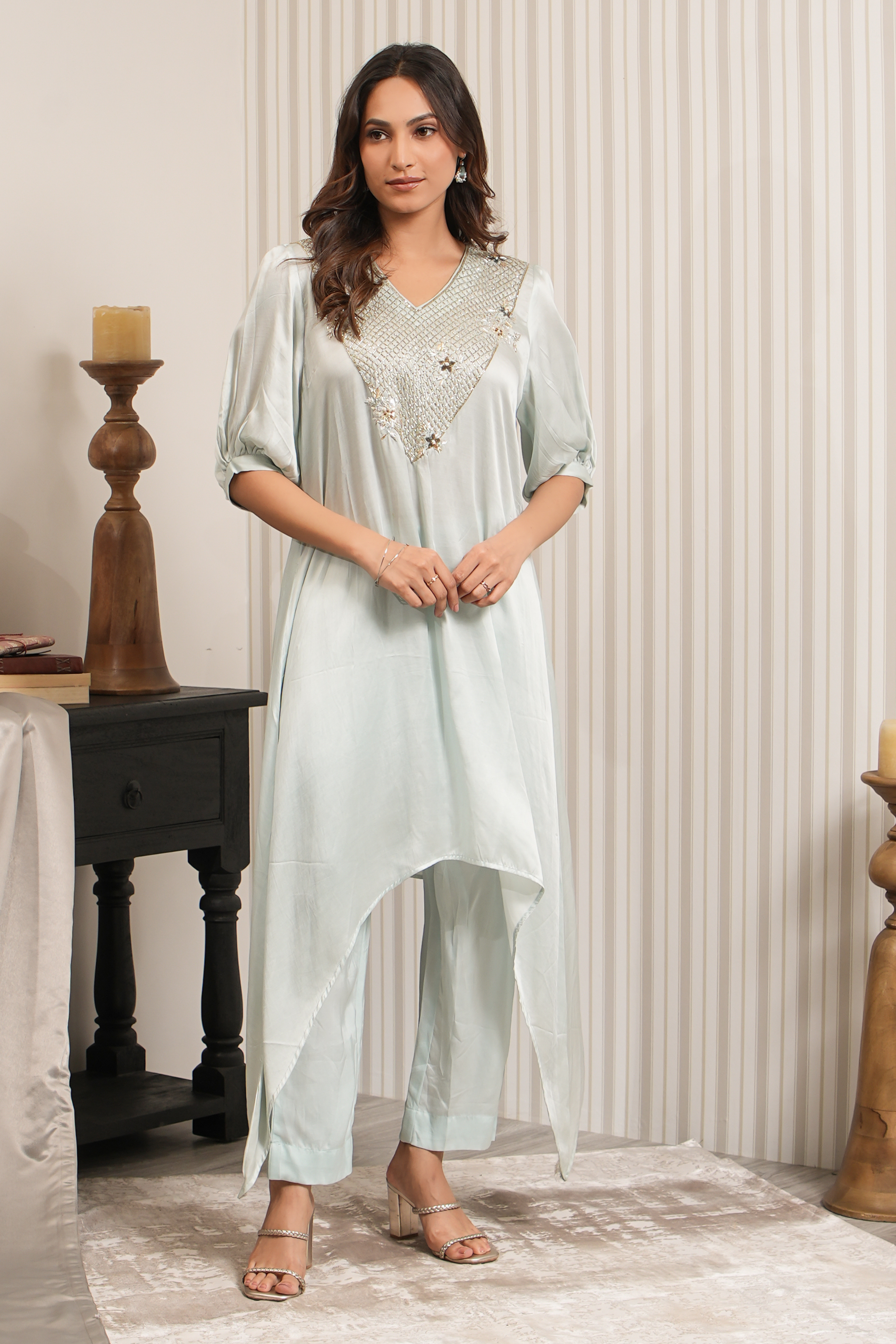 Embroidered Asymmetric Kurta Set - Mint