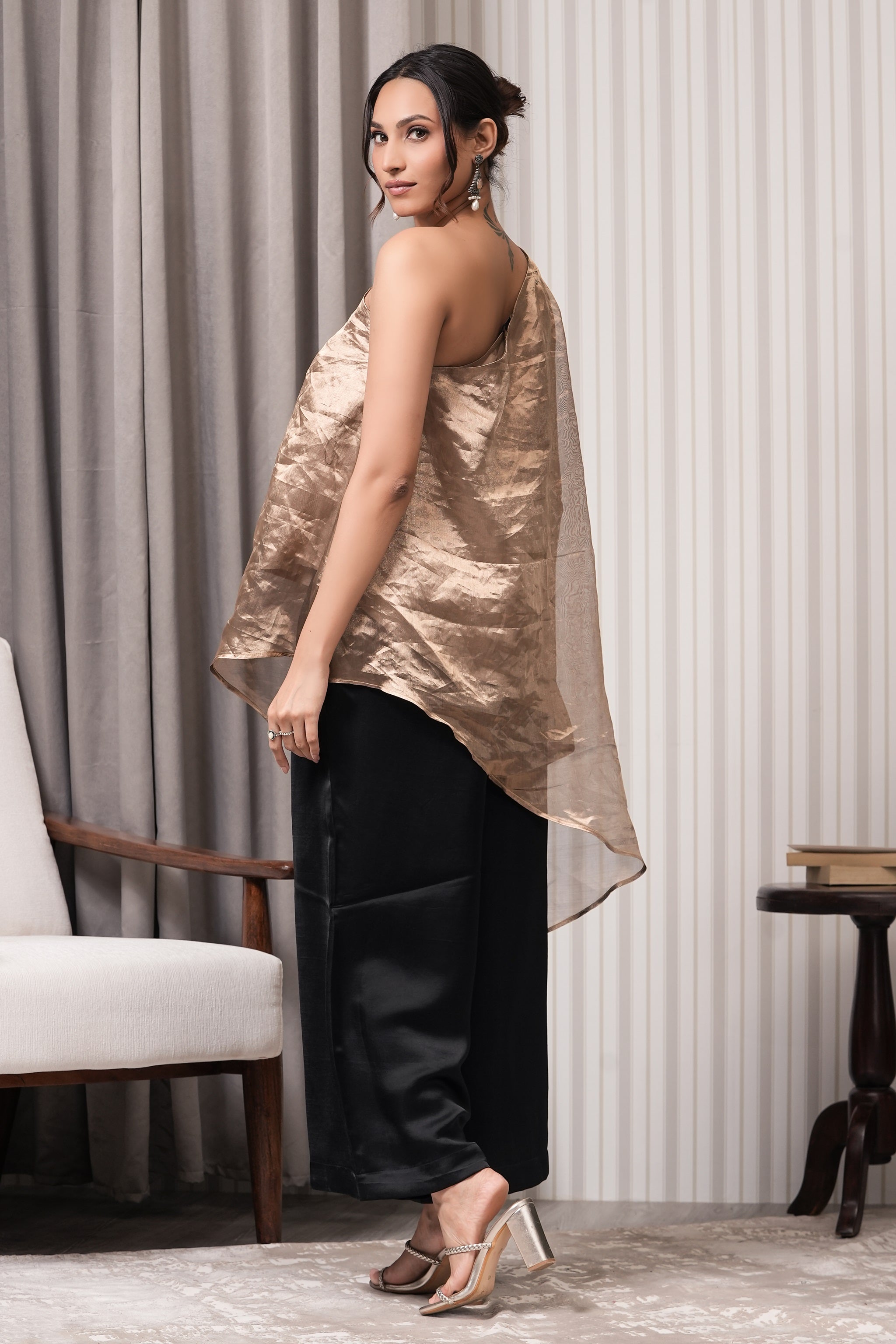 Embroidered Pure Tissue One Shoulder Top - Copper