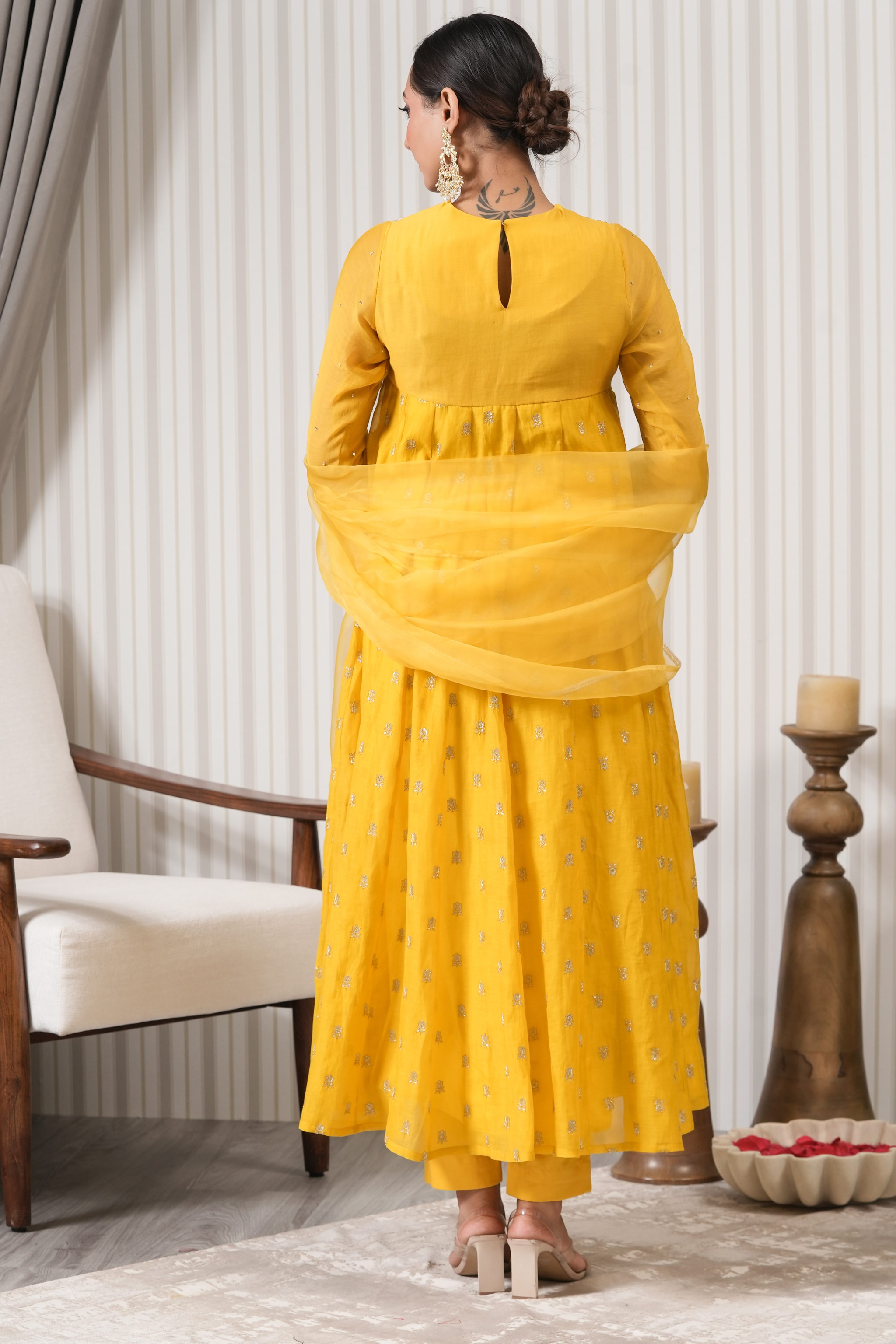 Handcrafted Pure Chanderi Anarkali Suit Set - Yellow