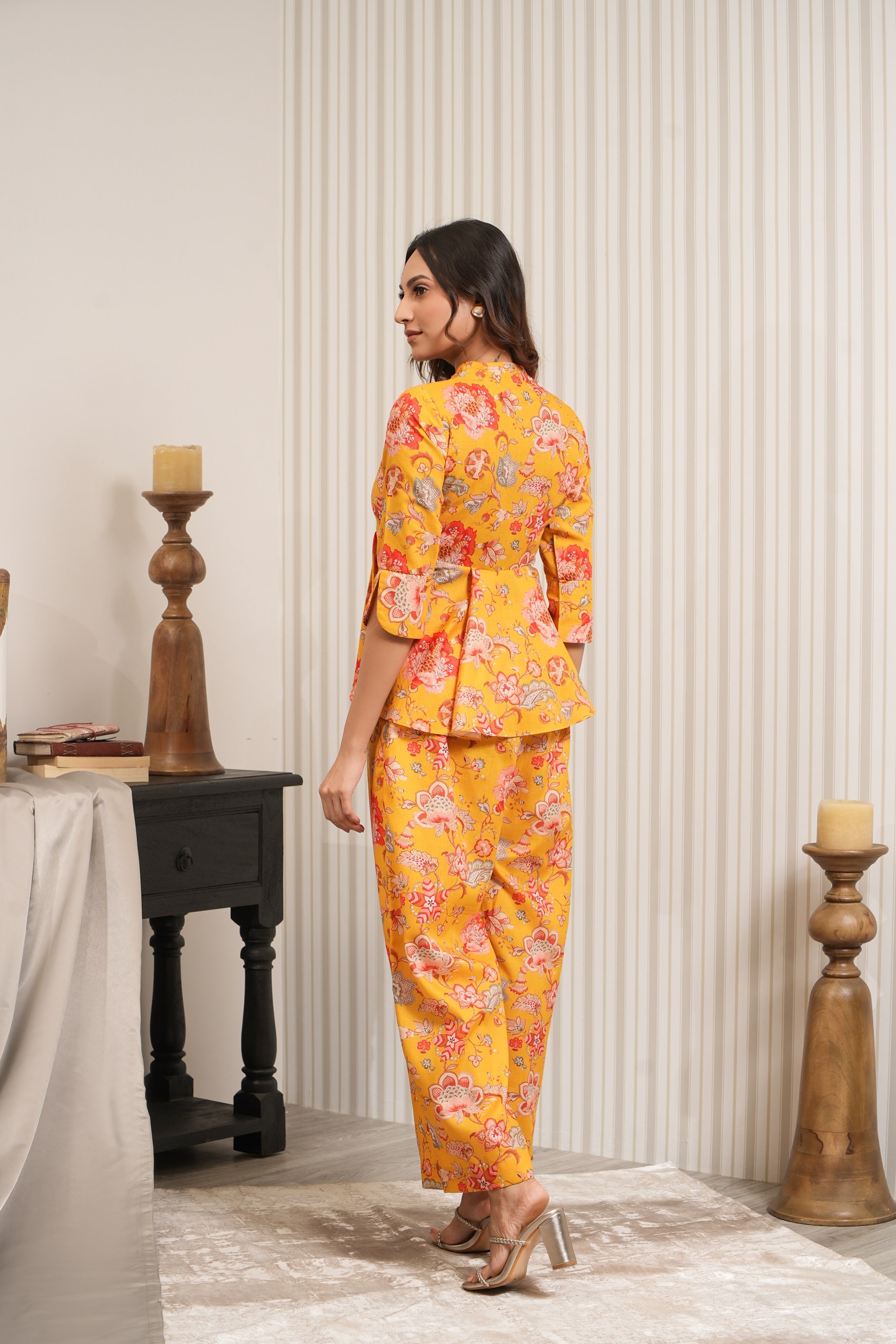 Printed Floral Silk Chanderi Co-ord Set - Yellow