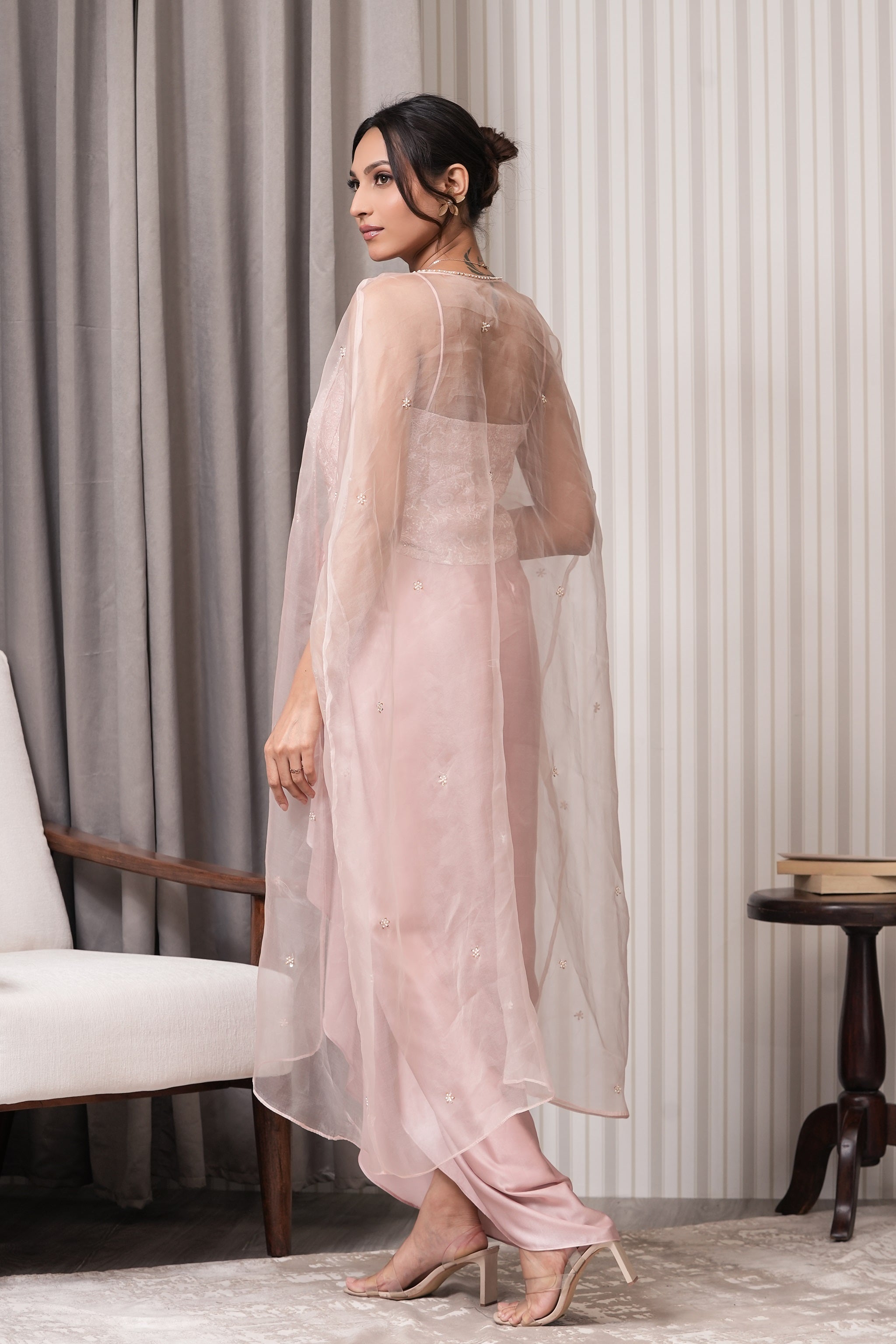 Embroidered Pure Tissue Drape Skirt Co-ord Set - Peach