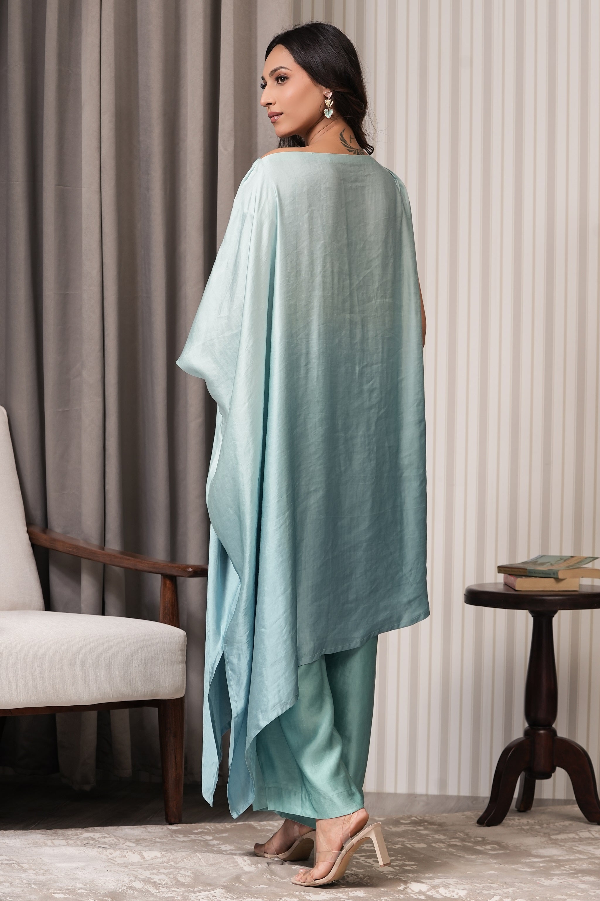 One Shoulder Asymmetric Kurta Set - Aqua