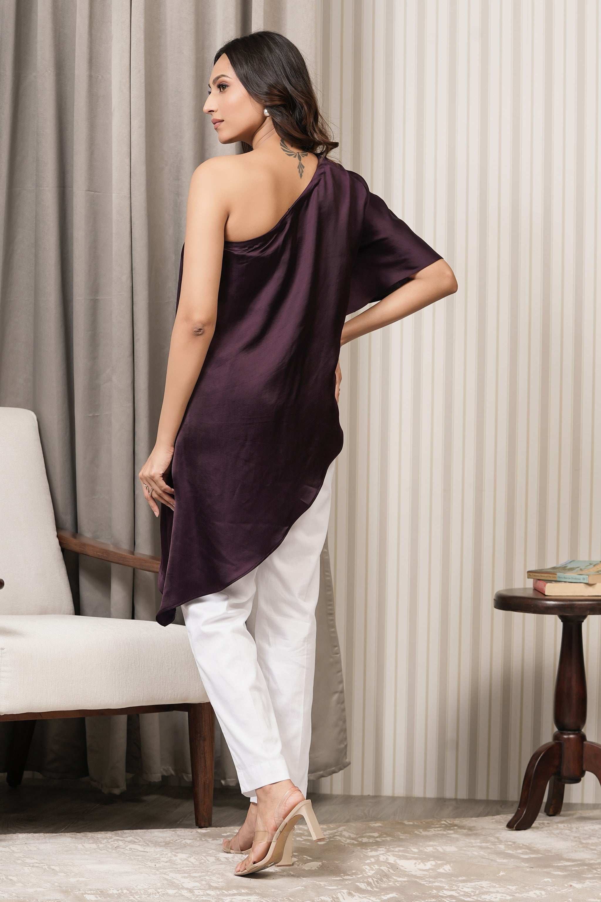 Embroidered Slub Satin One Shoulder Top - Wine