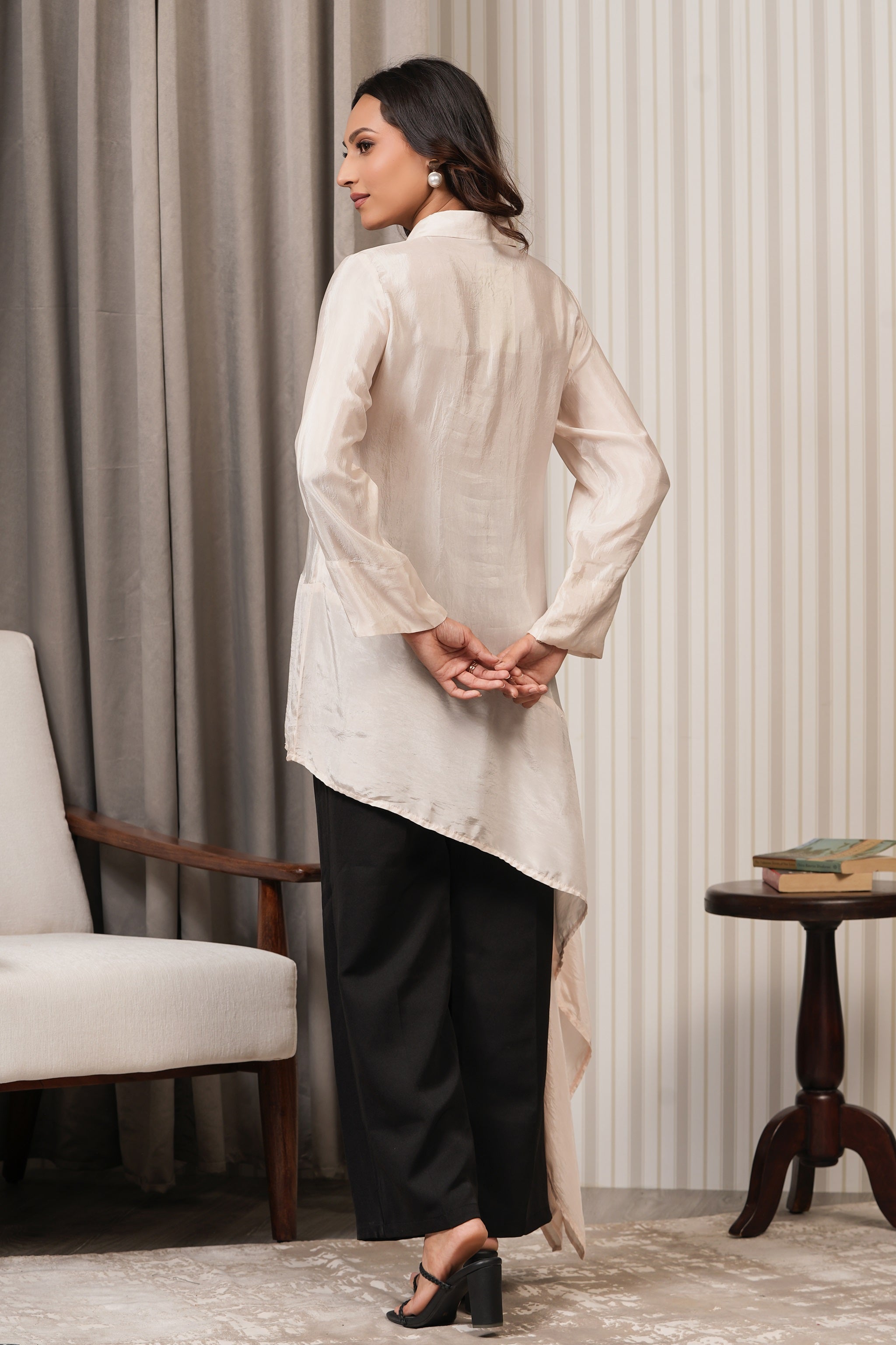 Embroidered Pure Hubutai Silk Shirt Top - Nude