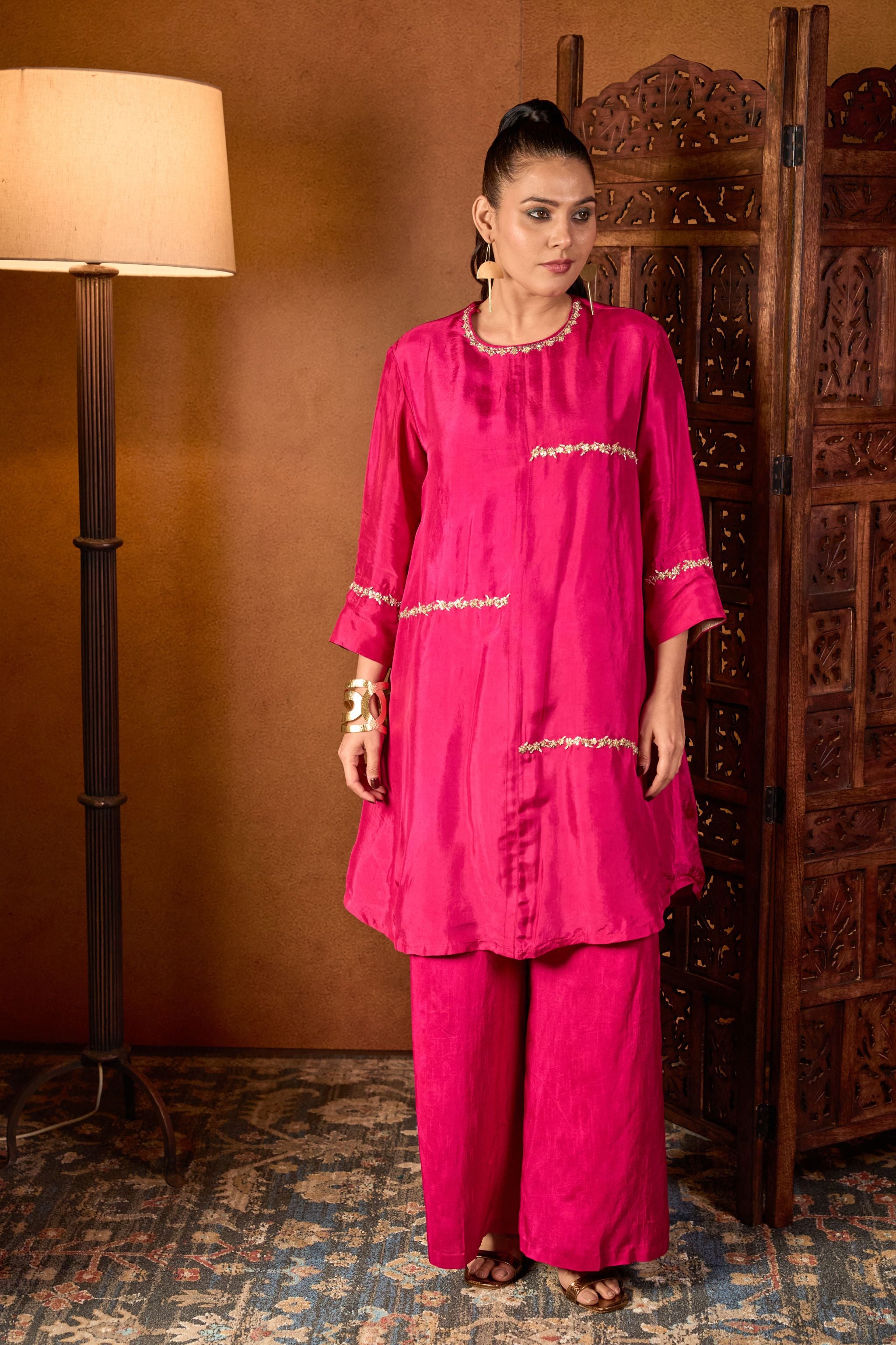 Embroidered Pink Kurta Palazzo Set