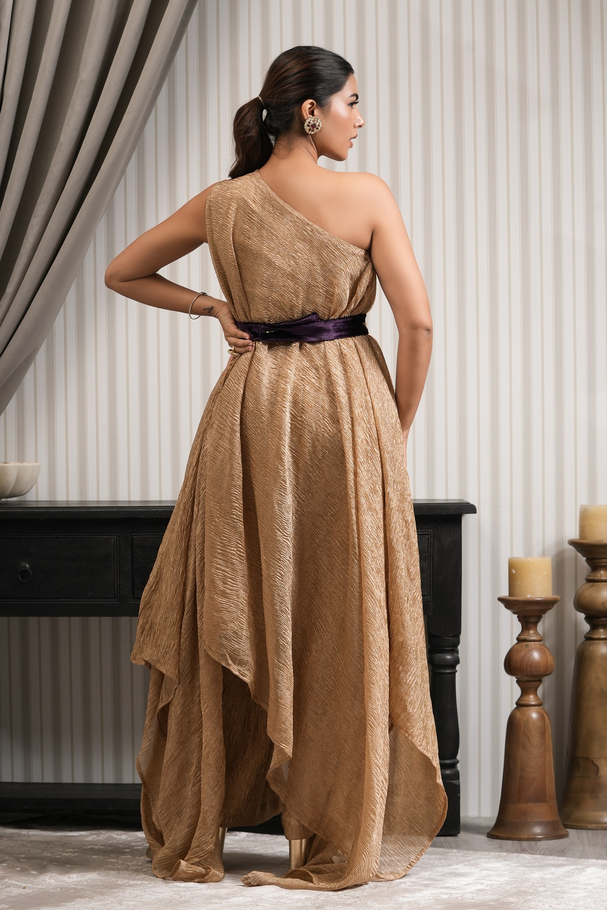 One Shoulder Asymmetrical Crushed Tissue Kurta Set- Copper