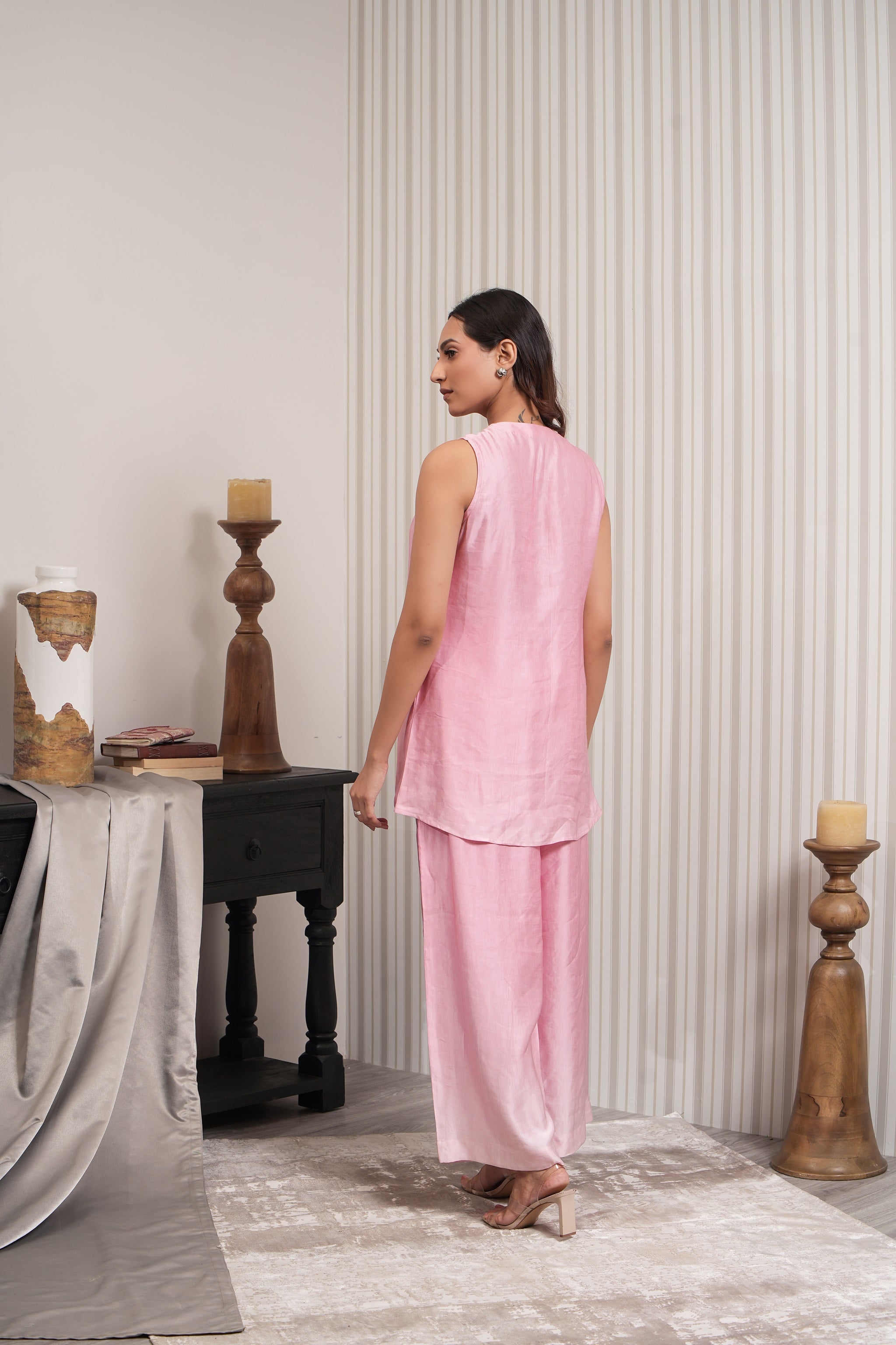 Linen Satin Co-ord Set - Light Pink