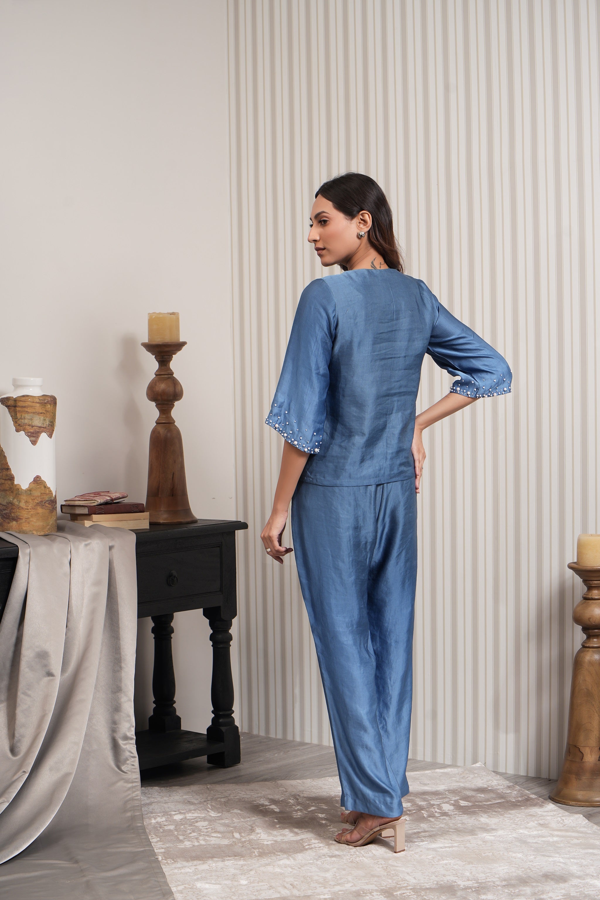 Embroidered Pearl Linen Satin Co-ord Set - Blue