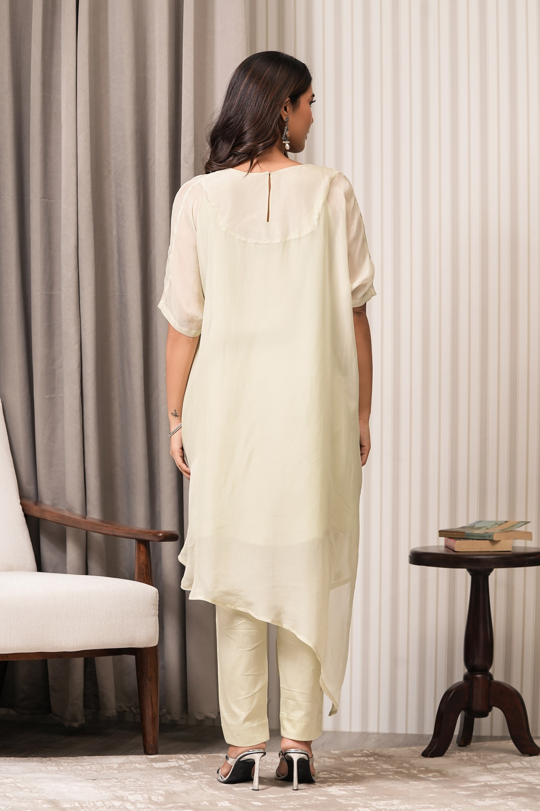 Embroidered Viscose Organza Kurta - Sea Green