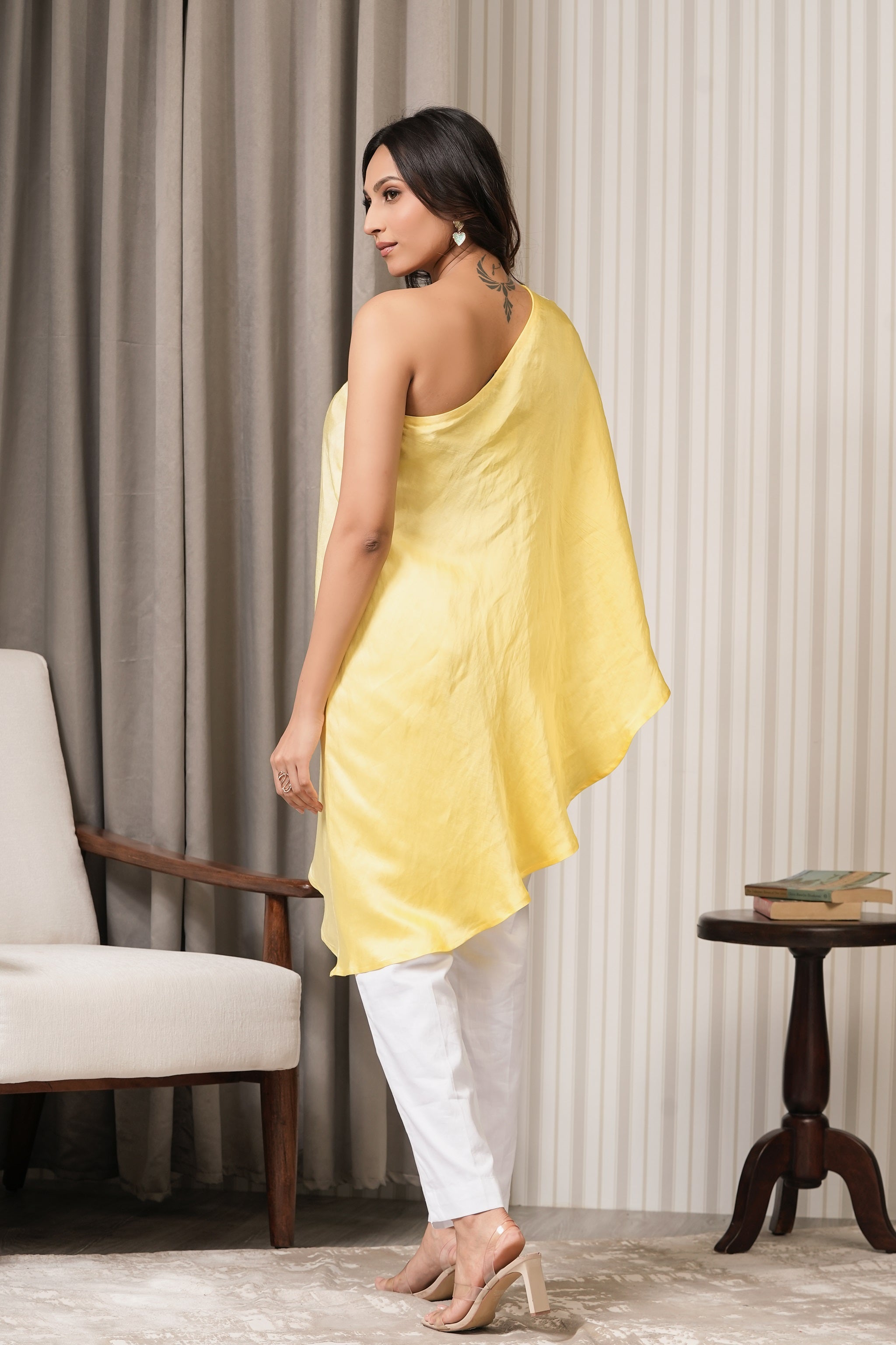 Embroidered Linen Satin One Shoulder Top - Yellow