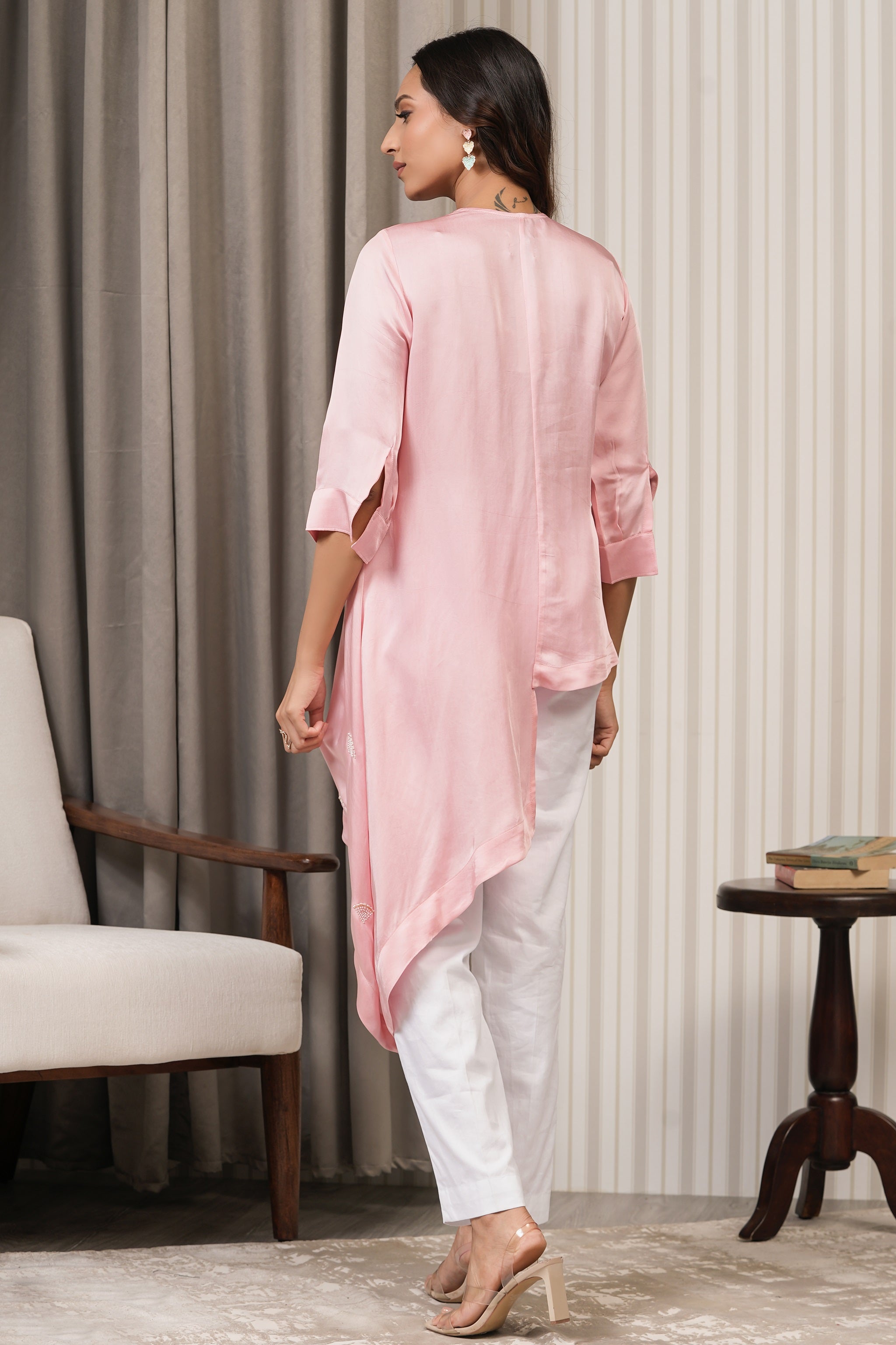 Embroidered Linen Satin Shirt Top - Pink