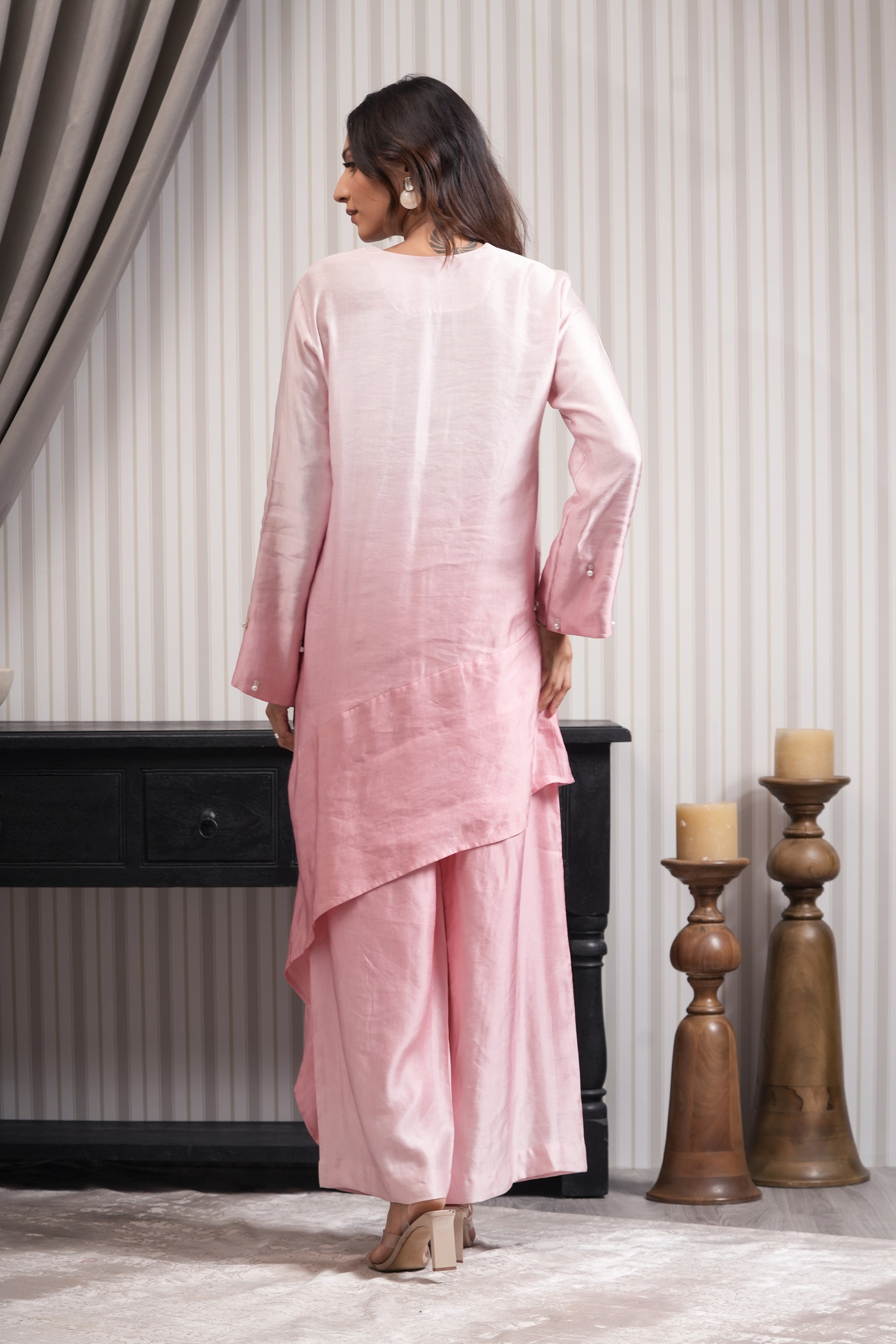 Embroidered Linen Satin Shirt Top - Pink
