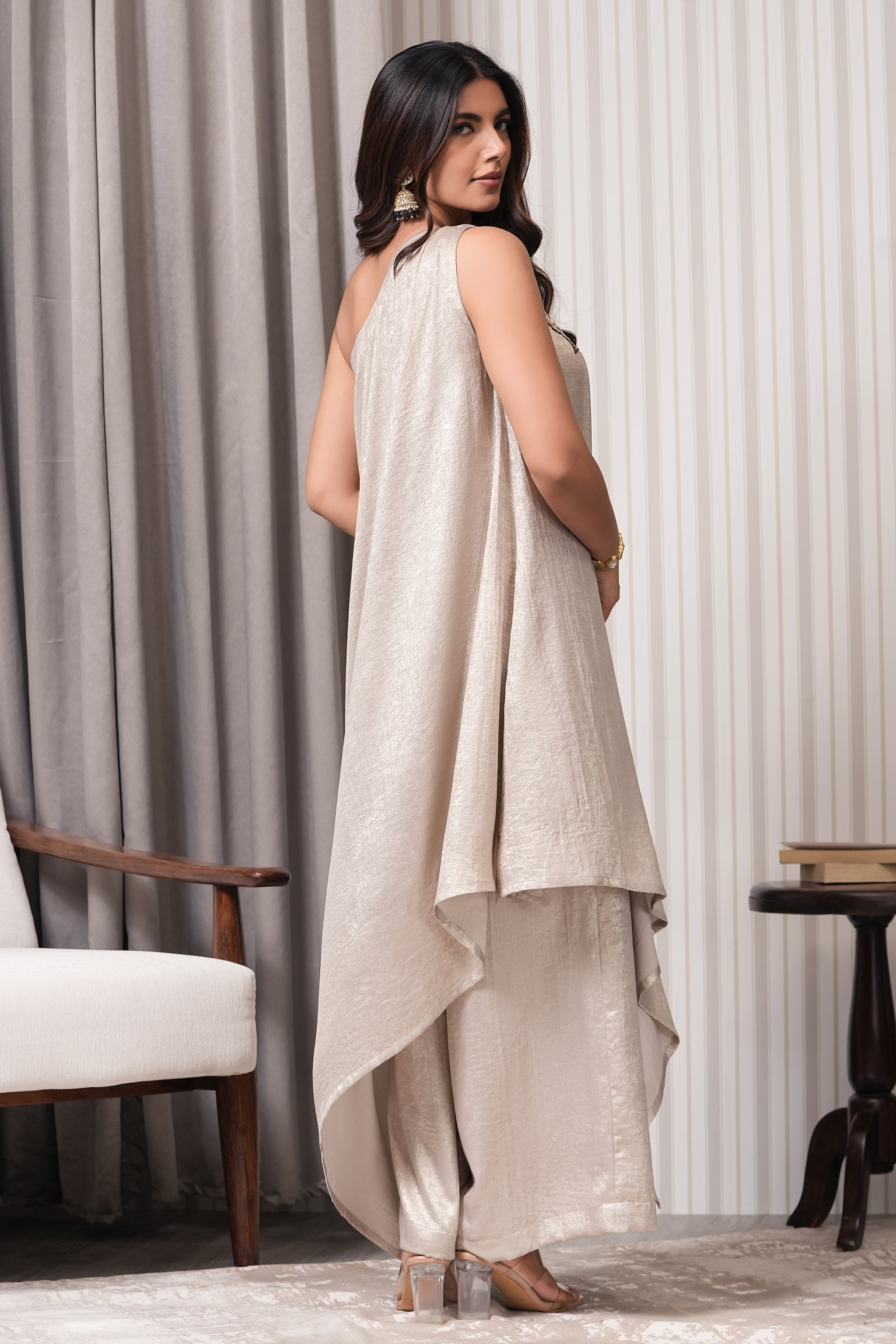 One-Shoulder Asymmetric Kurta Set - Beige