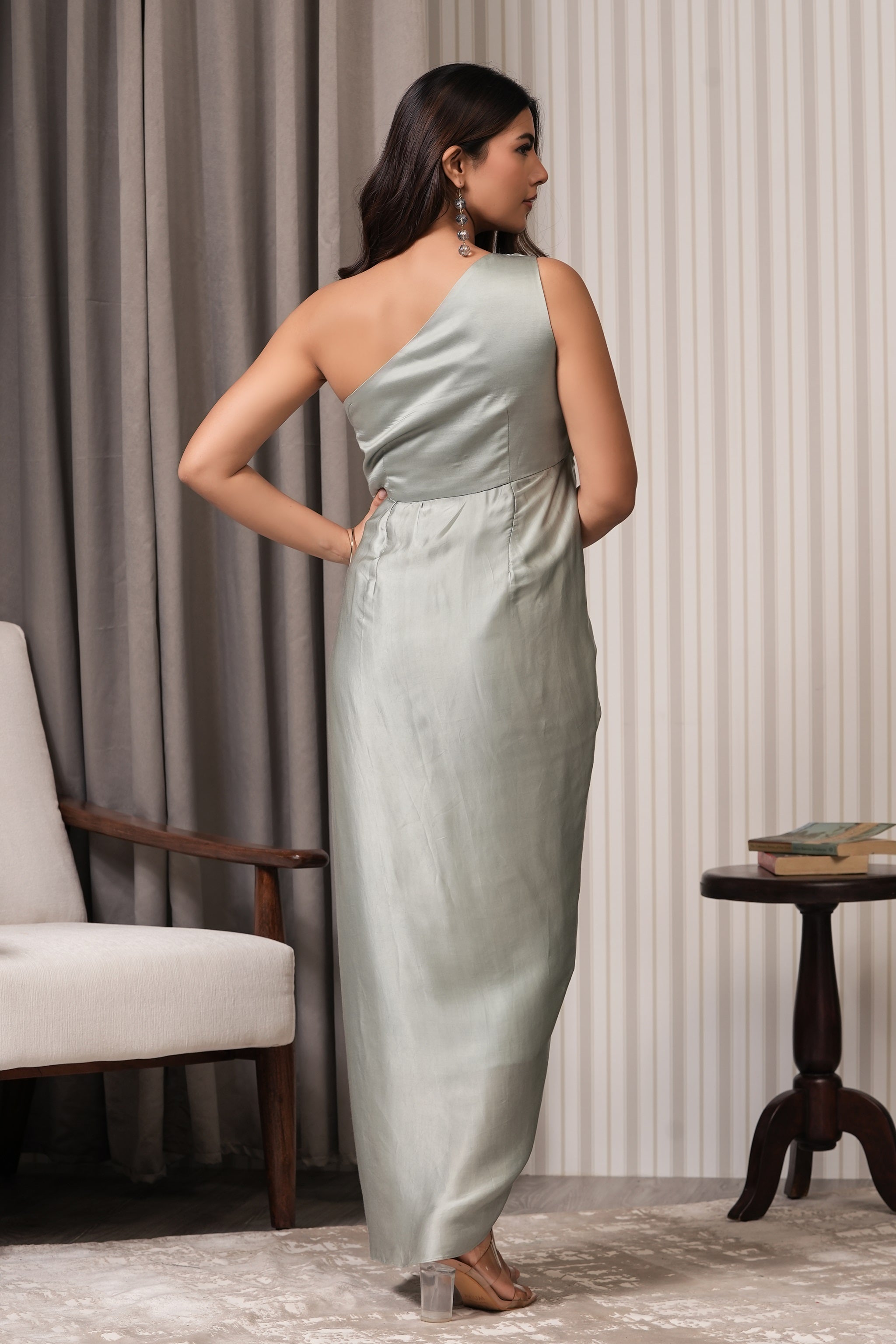 One Shoulder Front Slit Dress - Mint