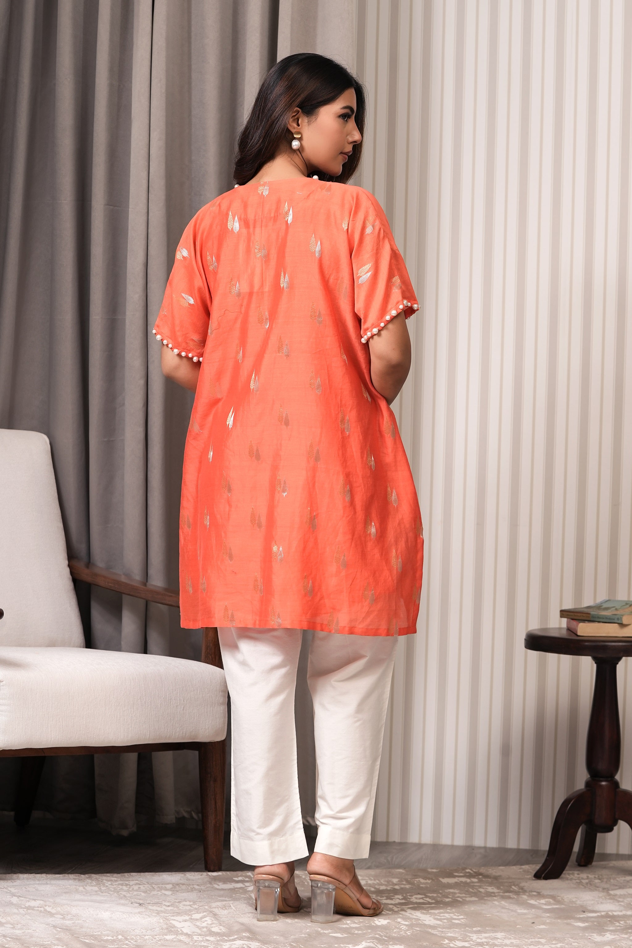 Pearl Embroidered Pure Chanderi Kurta Set - Orange