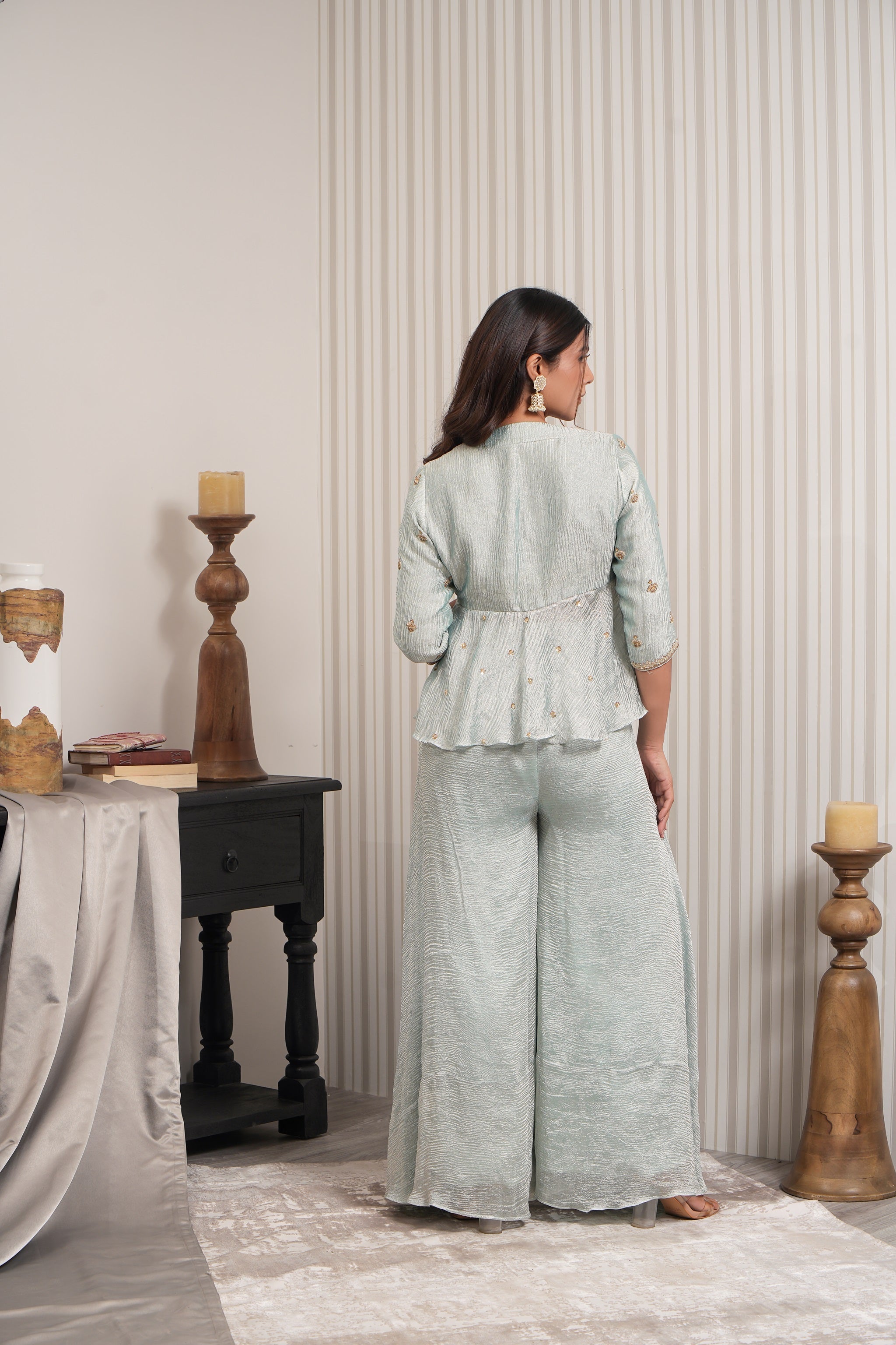 Handcrafted Pure Crushed Tissue Short Kurta Sharara Set - Mint