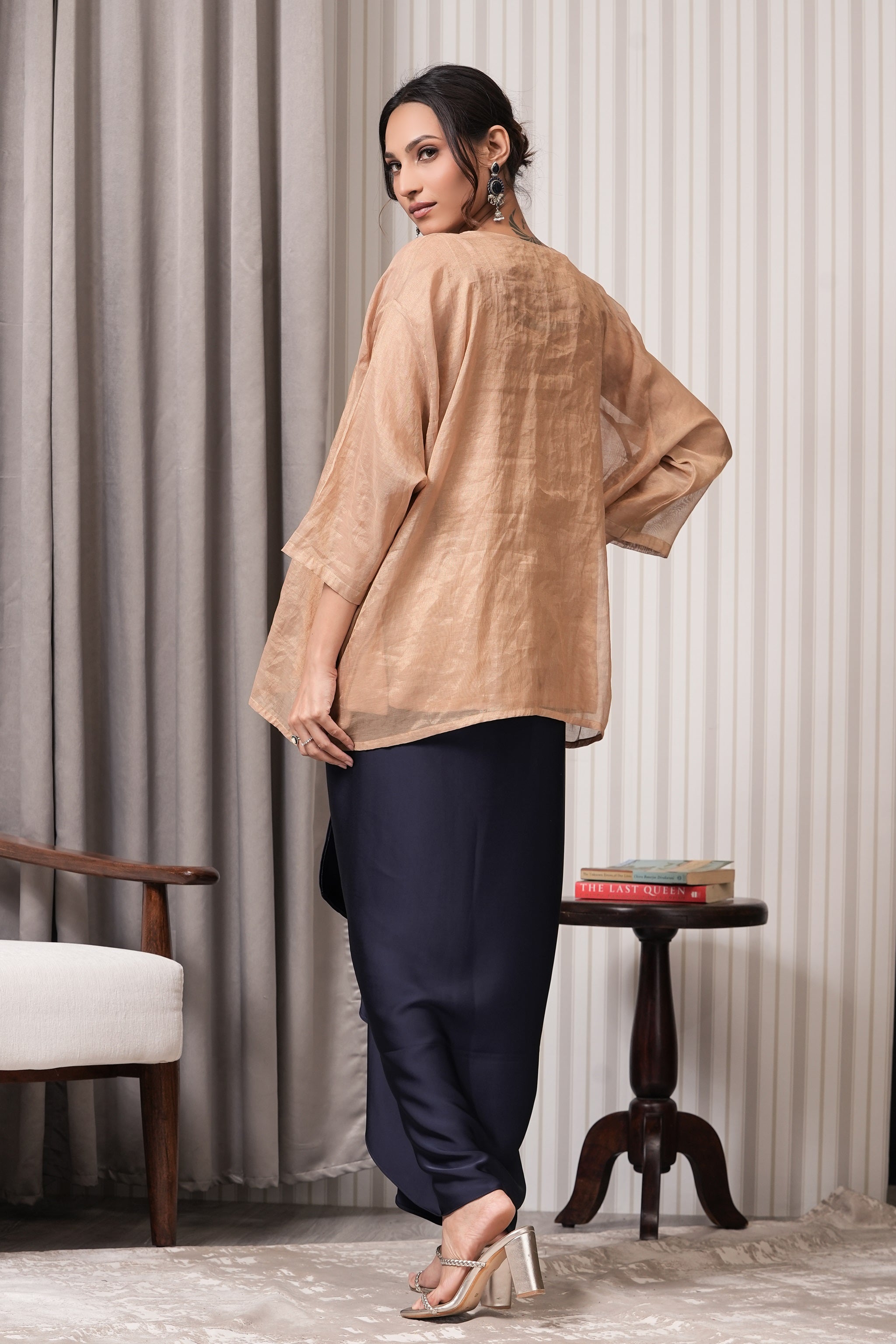 Pearl & Stone Embroidered Pure Tissue Top Draping Skirt Set - Golden