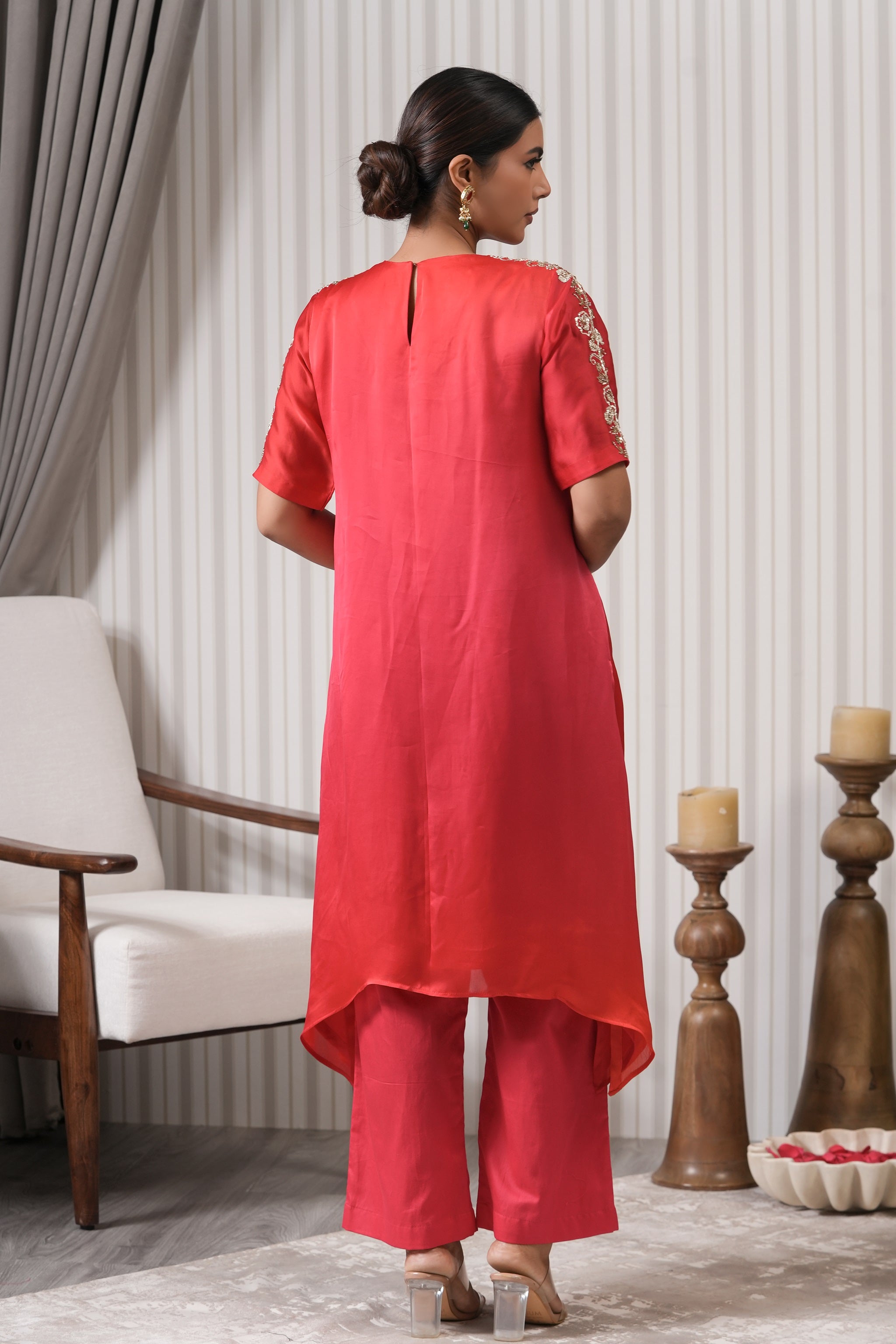 Embroidered Asymmetric Kurta Set - Pink