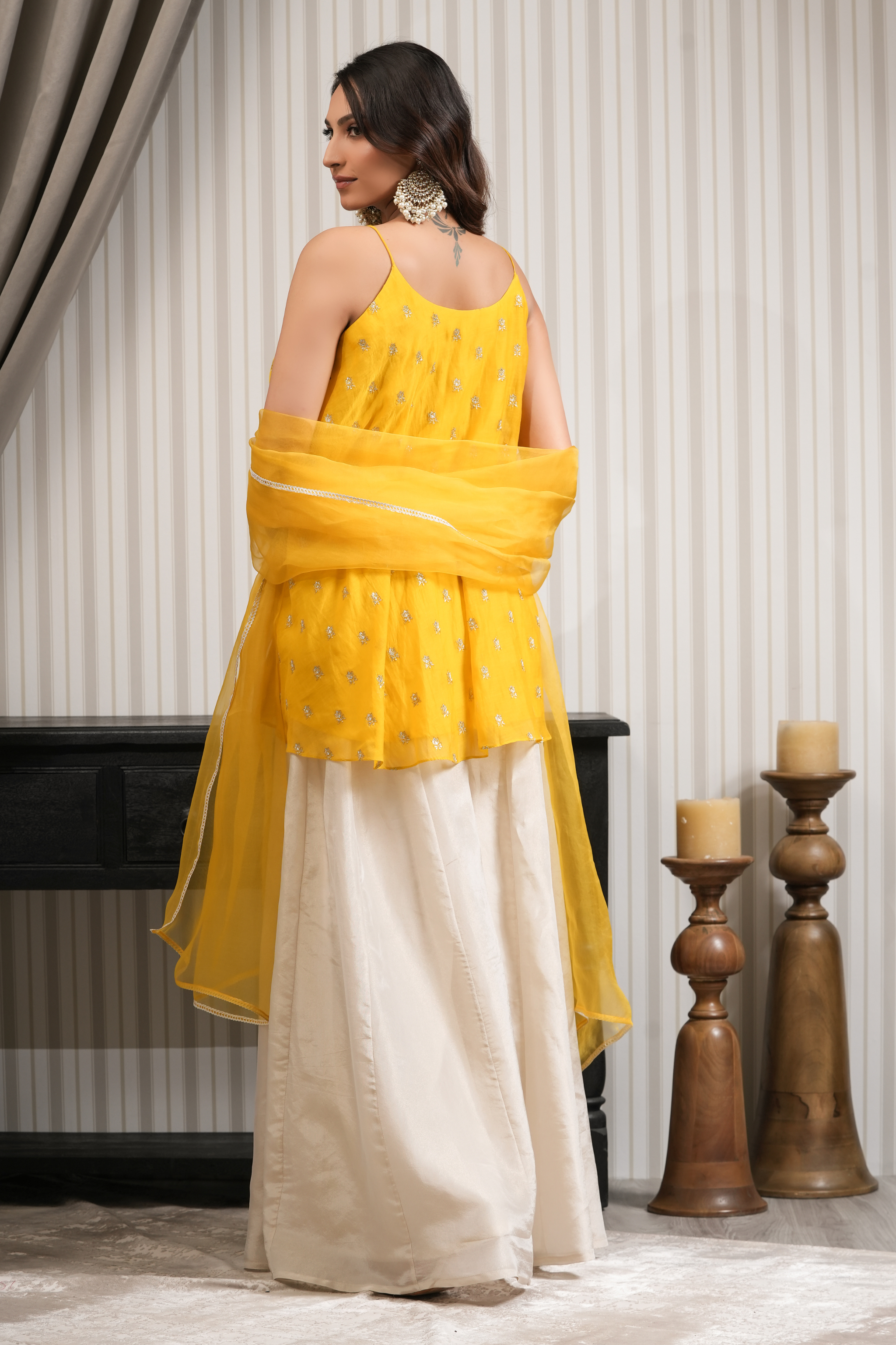 Pure Chanderi Short Kurti Sharara Set - Yellow